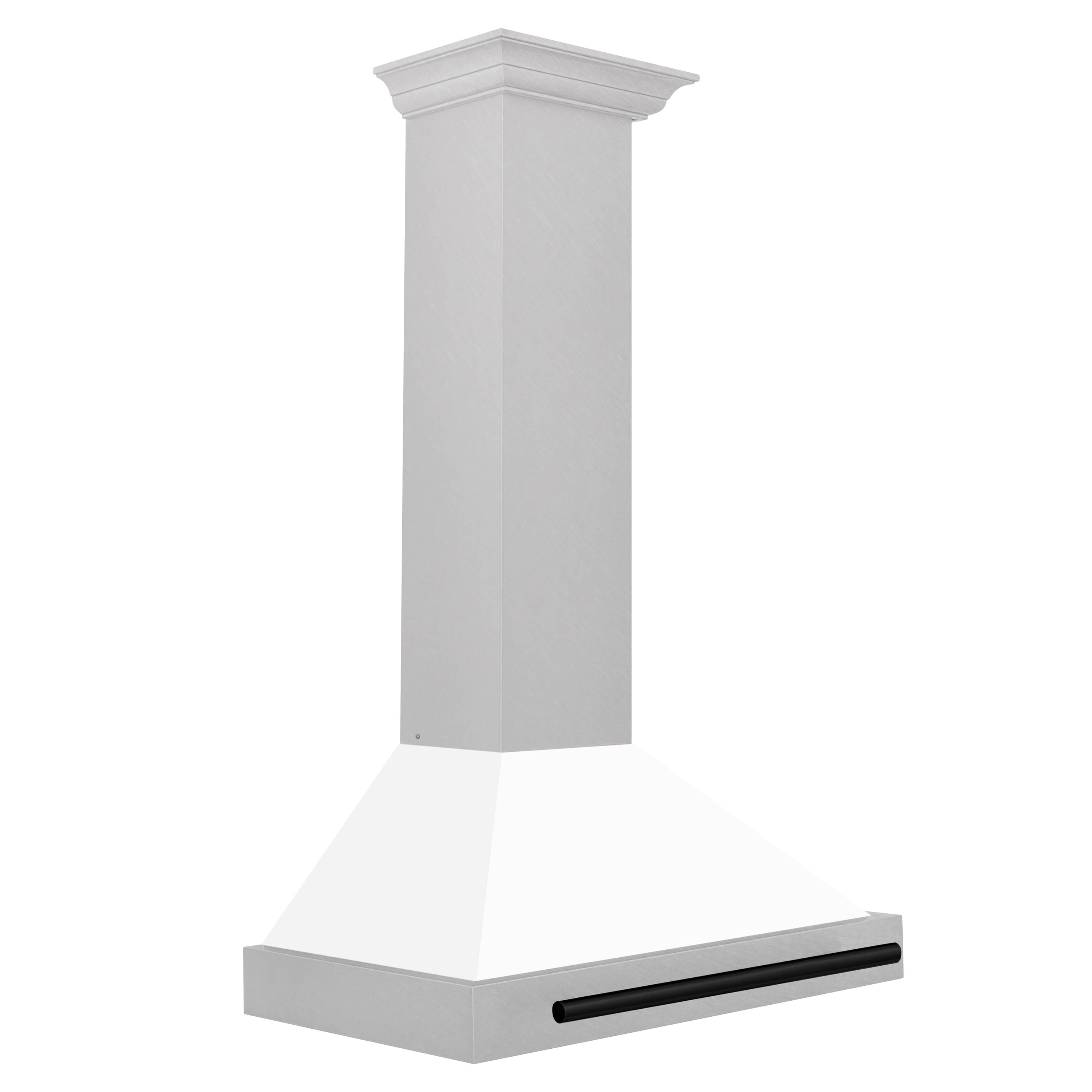 Wall-mounted range hood with white matte chimney and matte black bottom vent bar