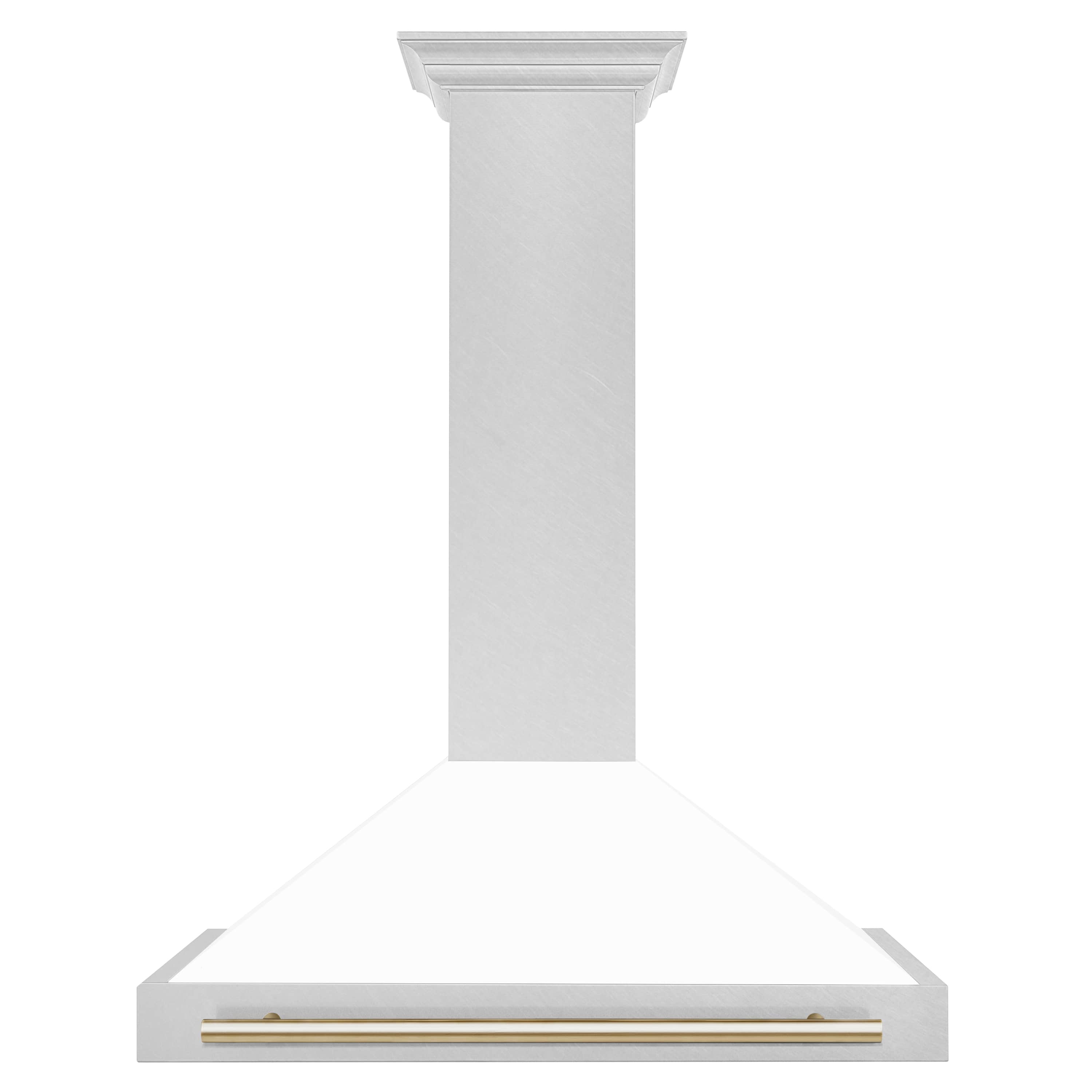 White matte wall-mounted range hood with satin stainless chimney and gold handle bar