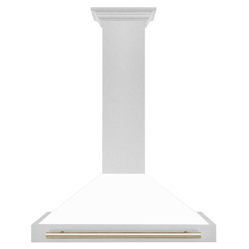 ZLINE 36-Inch Autograph Edition Wall Mounted Range Hood in DuraSnow® Stainless Steel with White Matte Shell and Gold Handle (KB4SNZ-WM36-G)