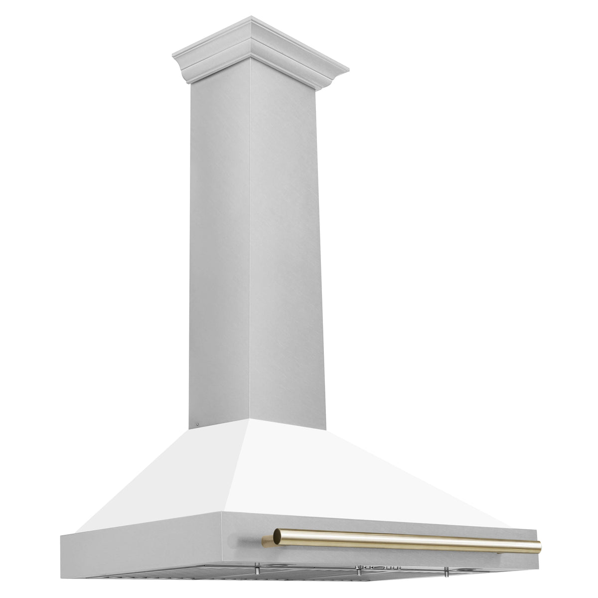 White matte wall-mounted range hood with gold handle bar on front vent panel