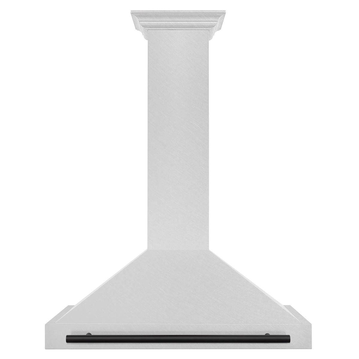 Wall-mounted range hood with matte black handle and white stainless body