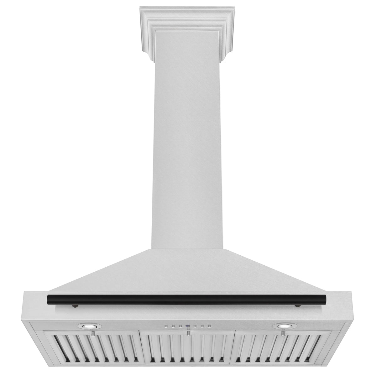 Wall-mounted range hood with decorative vent, matte black handle, white stainless