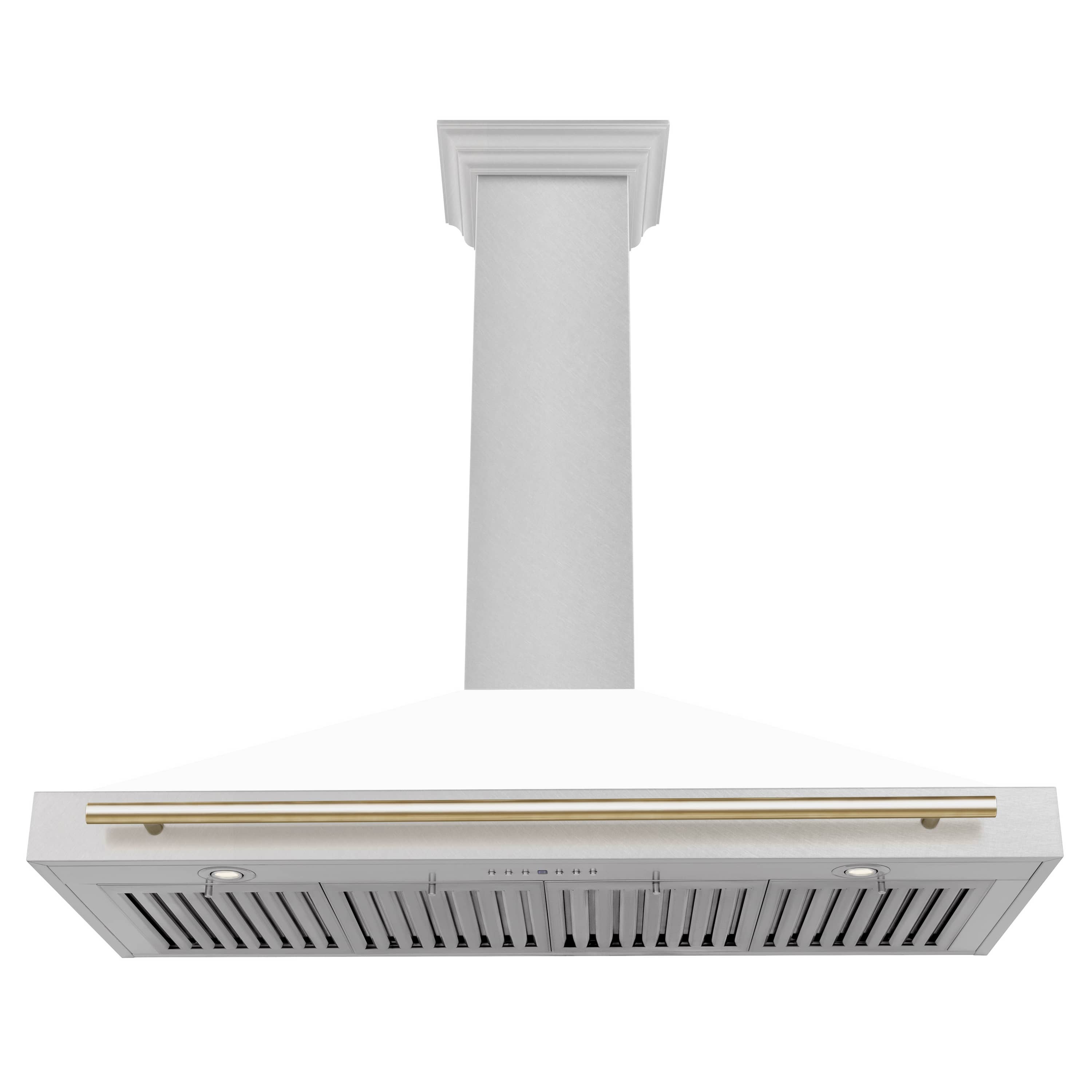 Over-range hood with underside grill and vertical vents, finished in white with gold accents.