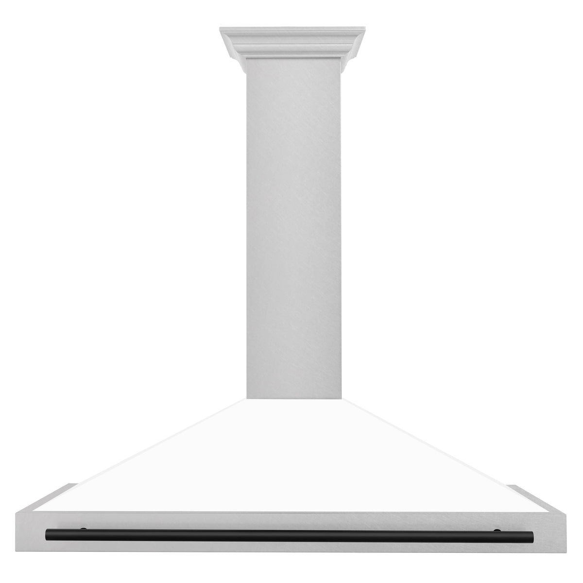 Wall mounted range hood with tall white matte chimney and black bar handle