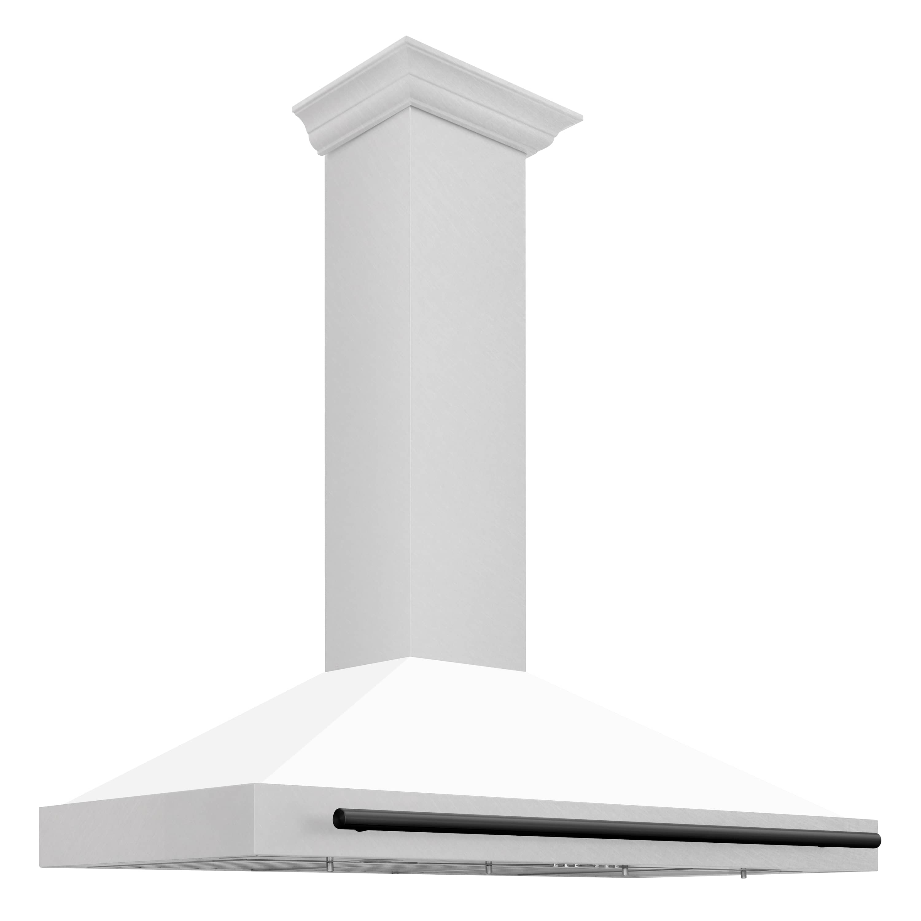 White matte chimney range hood with satin stainless lower section and black bar handle