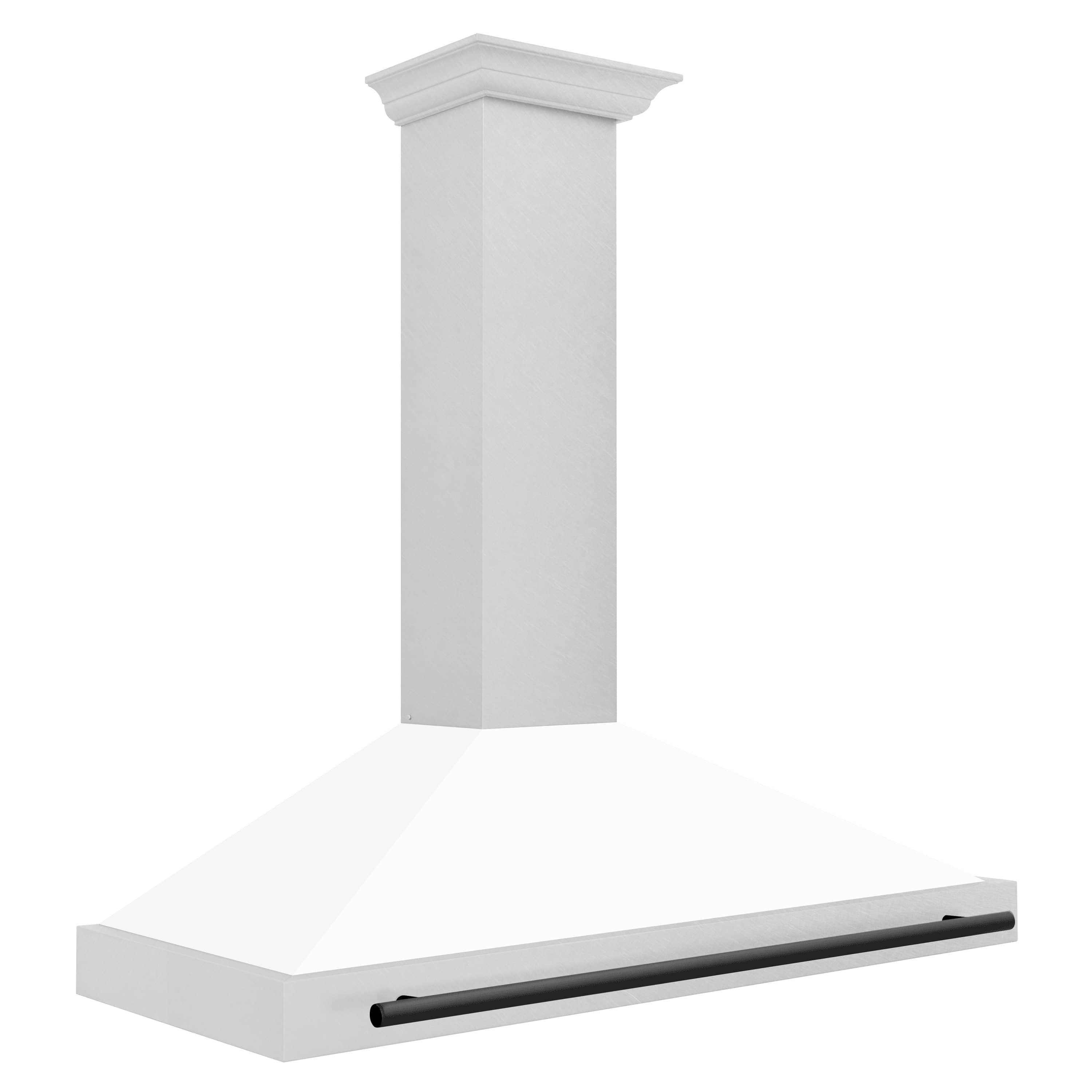 White matte wall mounted range hood with black handle bar and angled stainless vent