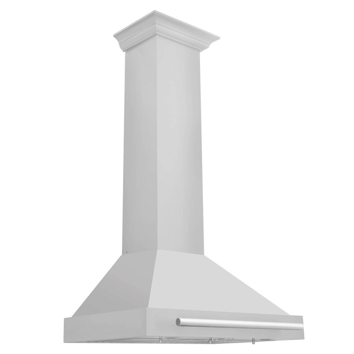 Wall-mounted stainless steel range hood with side view of flat canopy and handle bar