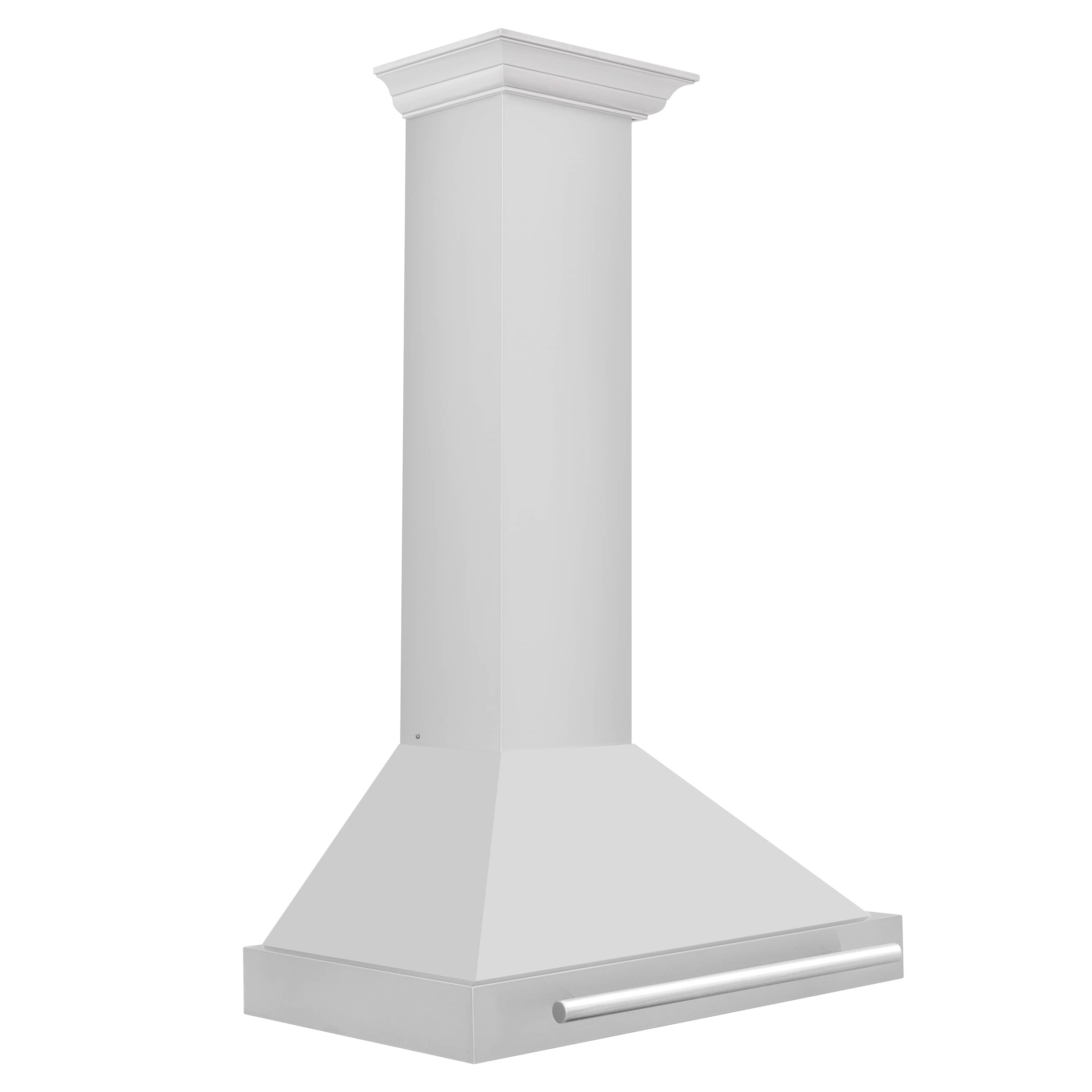 Wall-mounted stainless steel range hood angled view showing long front handle bar