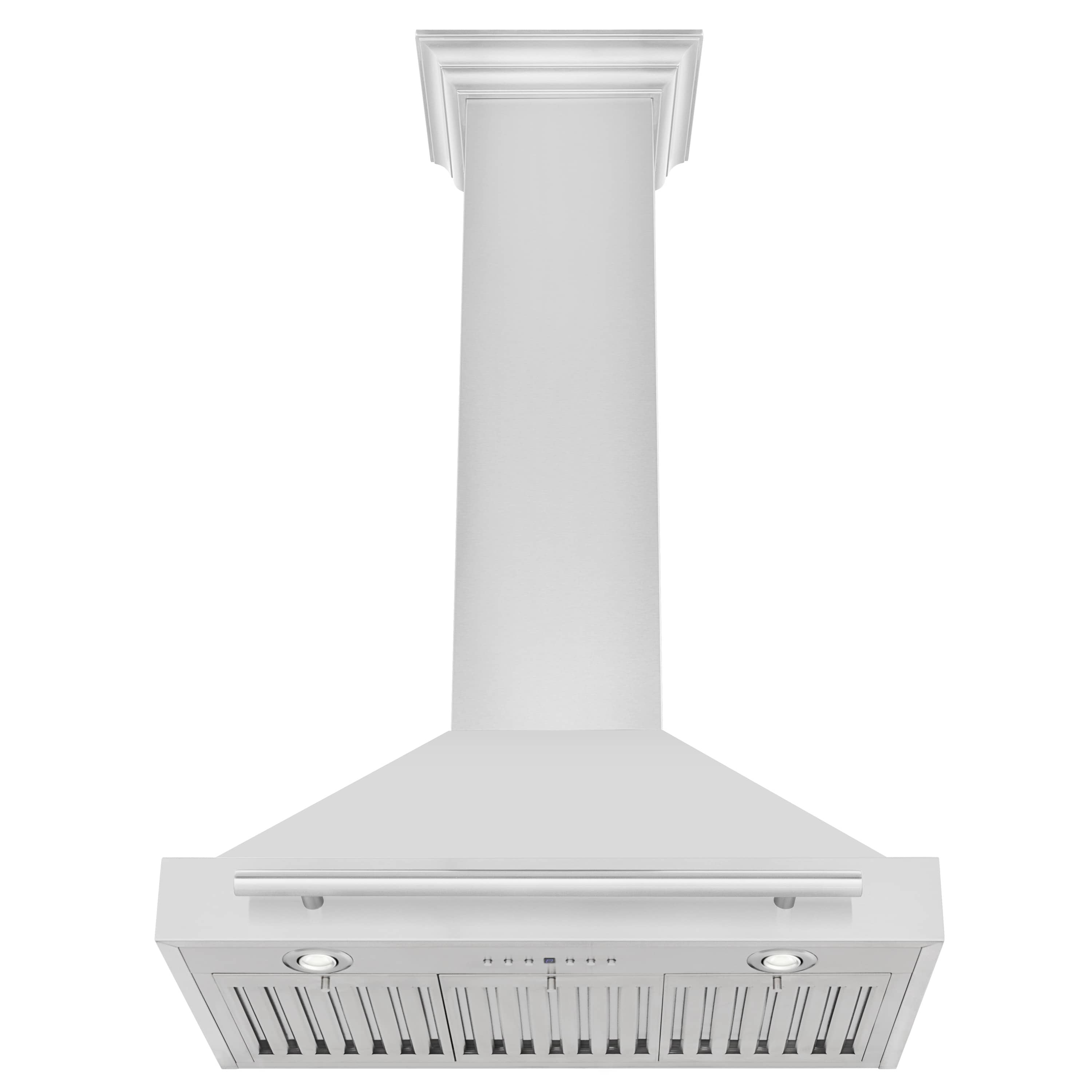 Wall-mounted stainless steel range hood underside with vent filter grille and control buttons