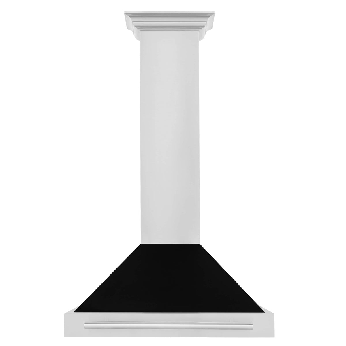 Wall-mounted range hood with white chimney and black matte canopy, stainless front trim