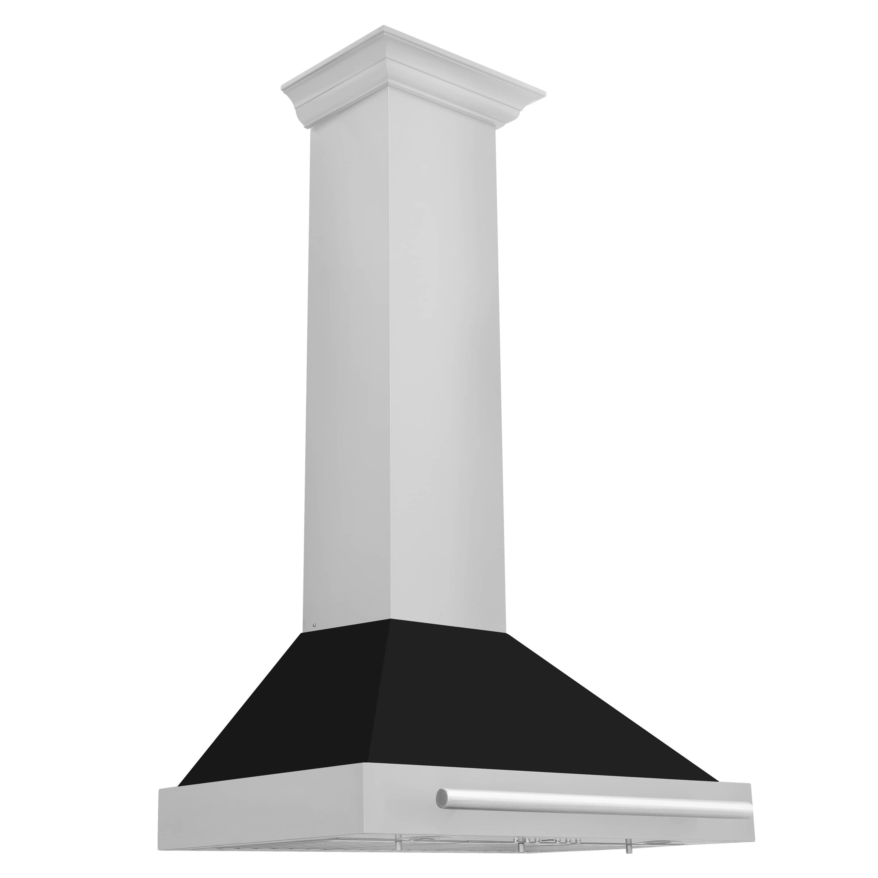 Wall-mounted range hood with white chimney and black matte canopy, stainless lower drawer