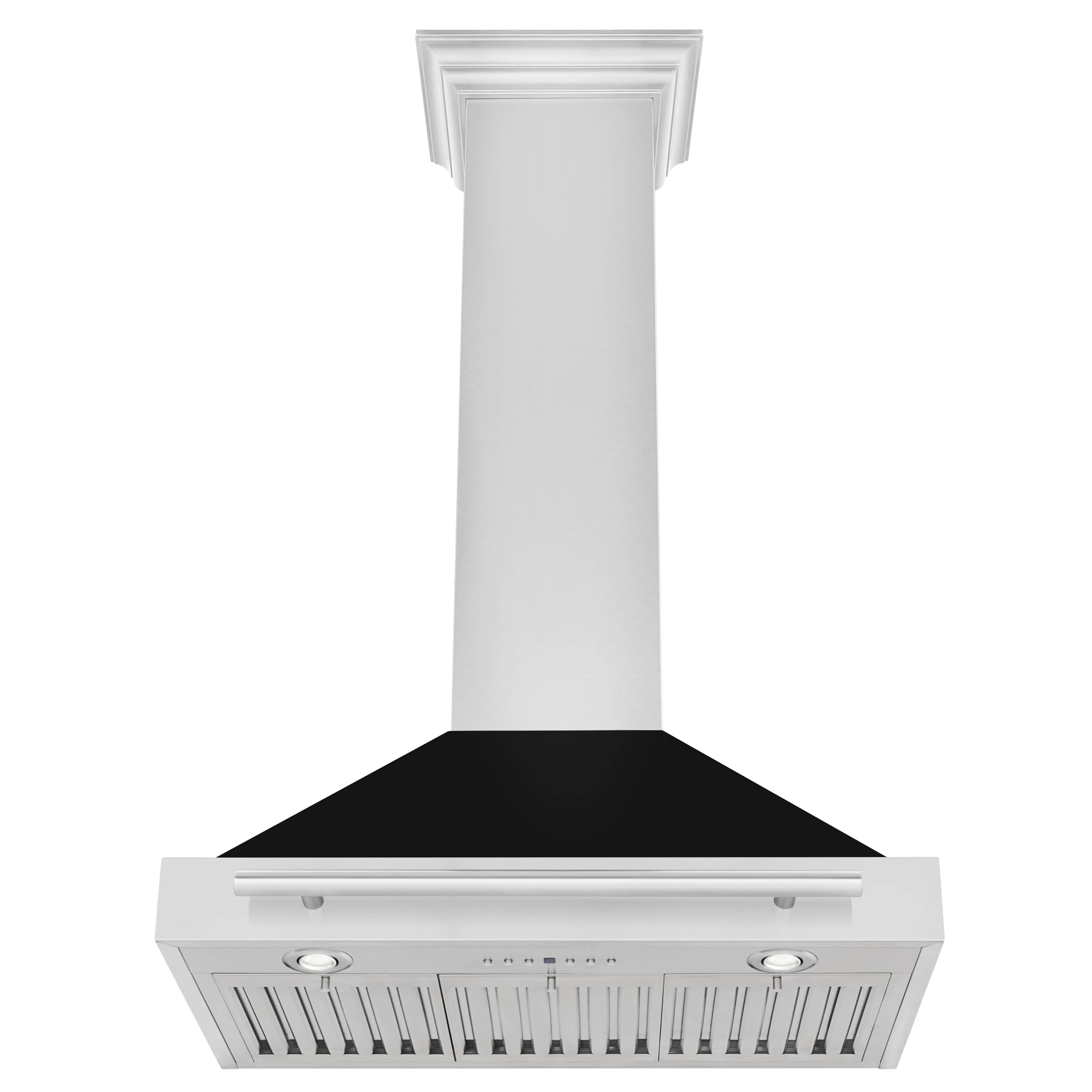 Wall-mounted range hood with white chimney, black canopy, stainless grille and lights