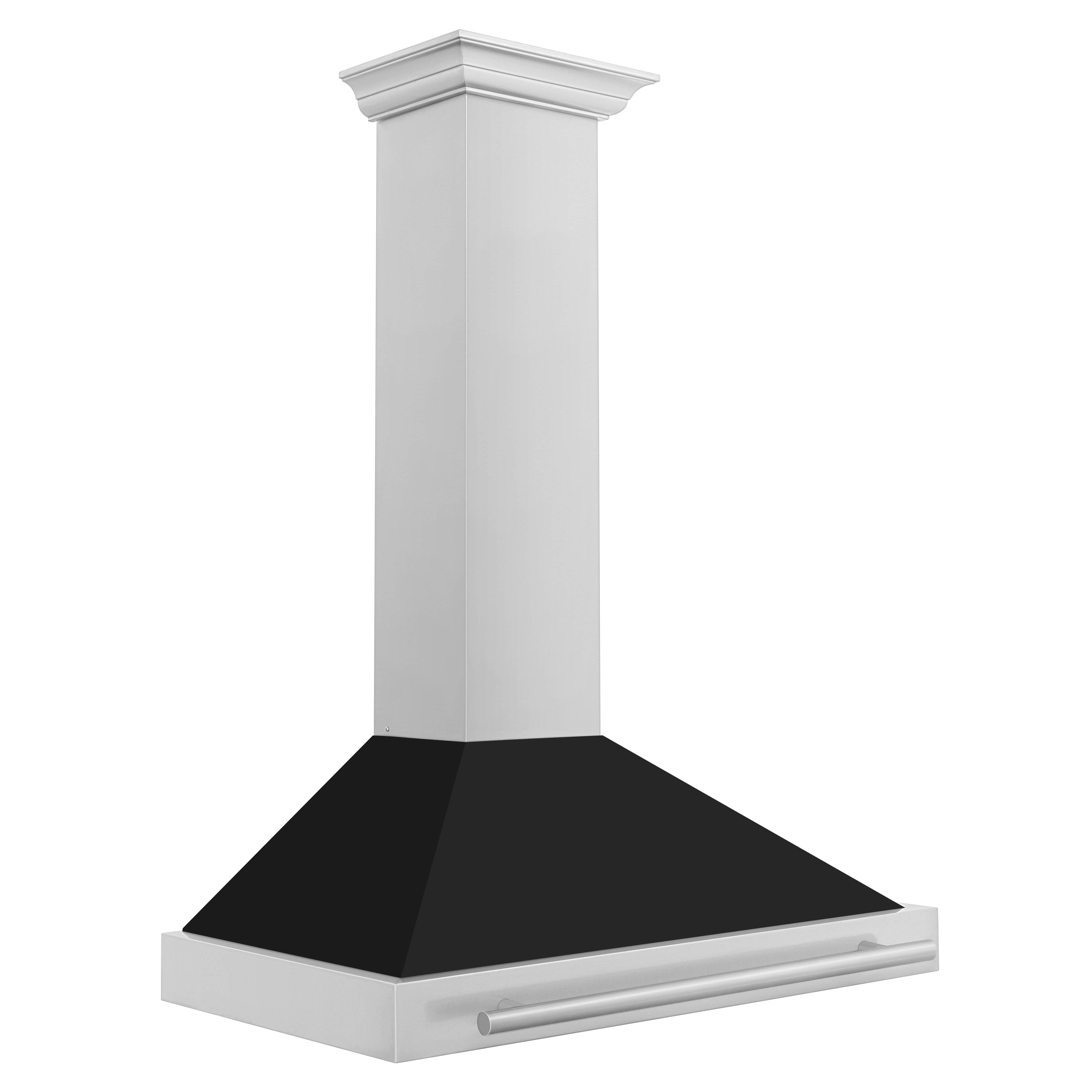 Wall-mounted range hood with white chimney and dark square vent canopy with silver trim