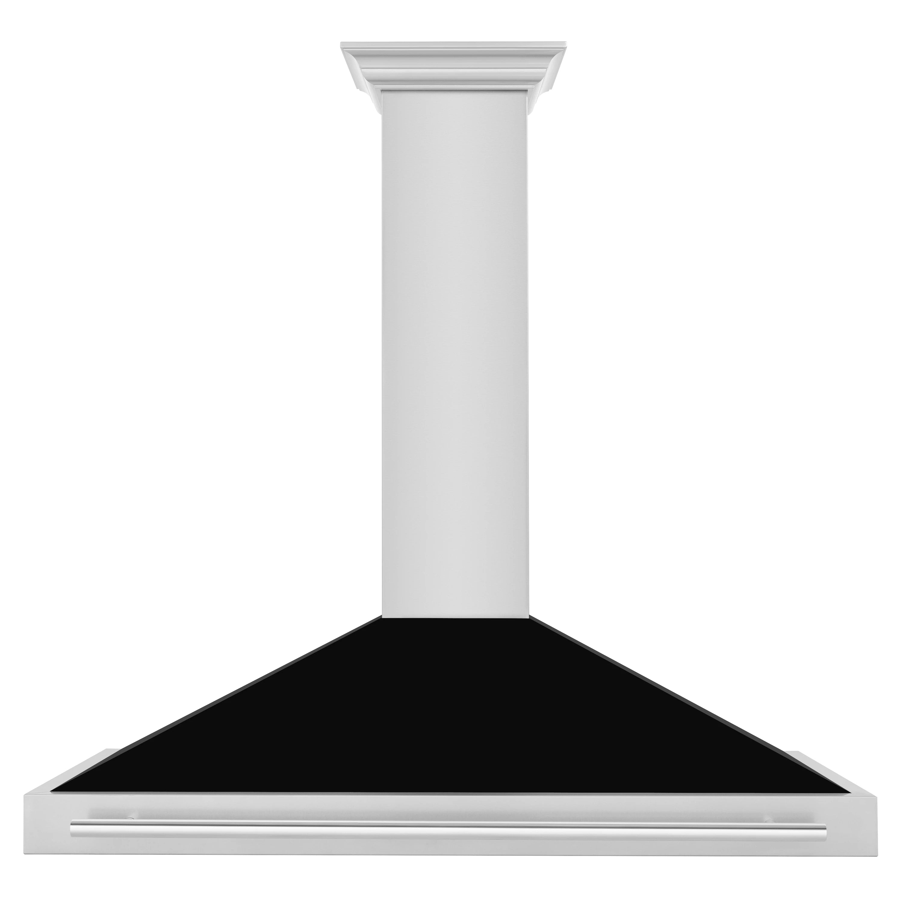 Wall-mounted stainless steel range hood with black canopy underside and chimney column