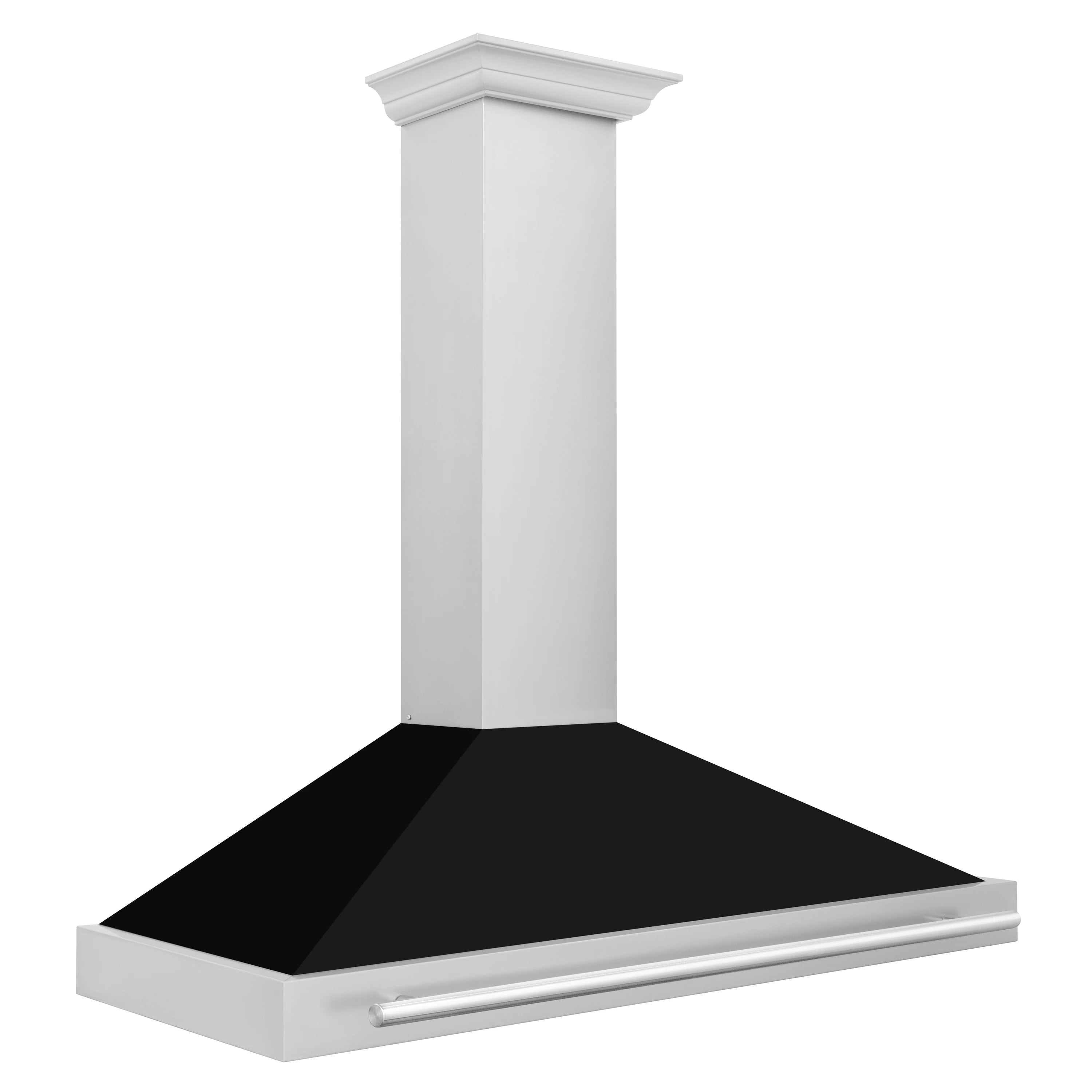 Wall-mounted stainless range hood with black liner canopy and horizontal metal handle