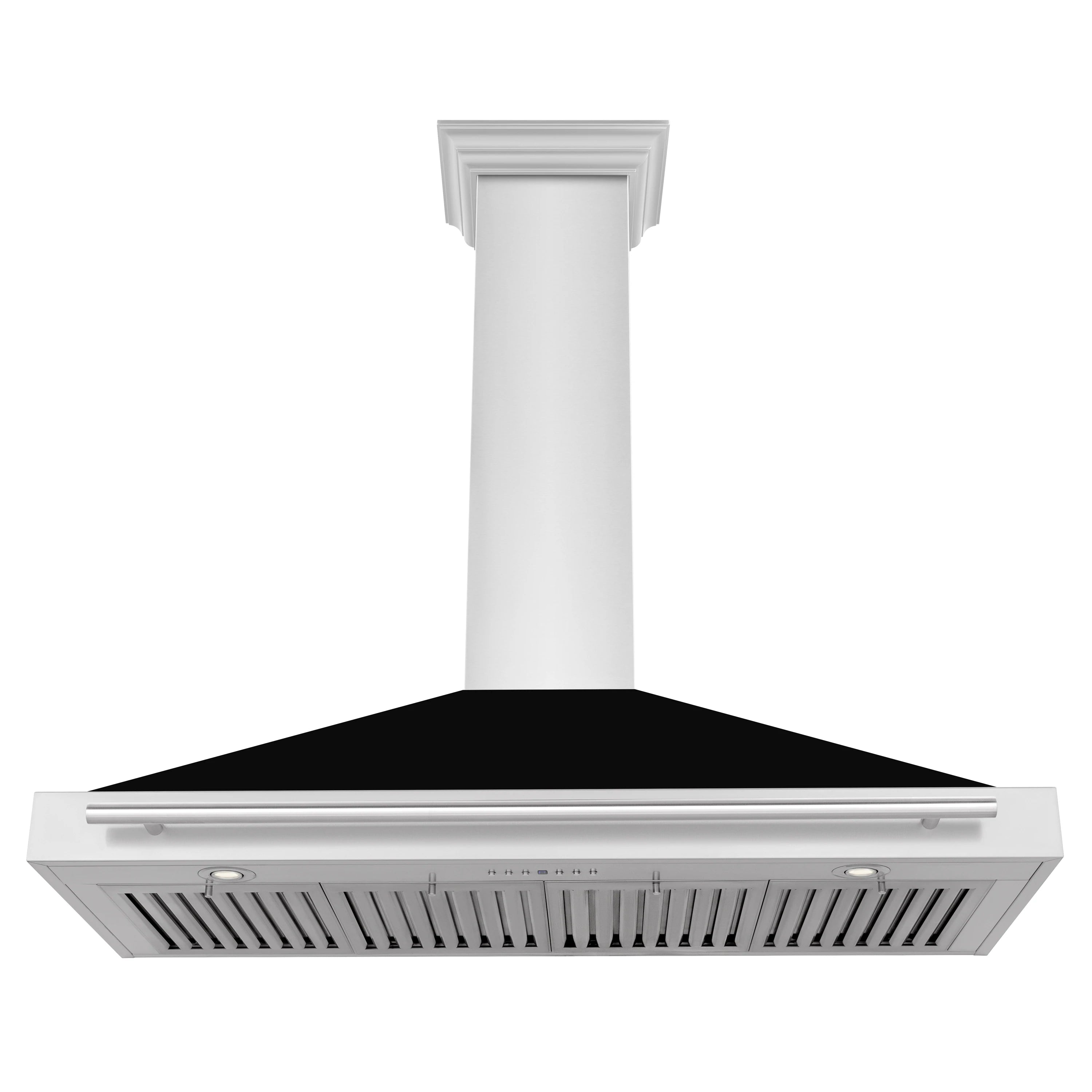 Wall-mounted range hood underside with vent grille and stainless control rail