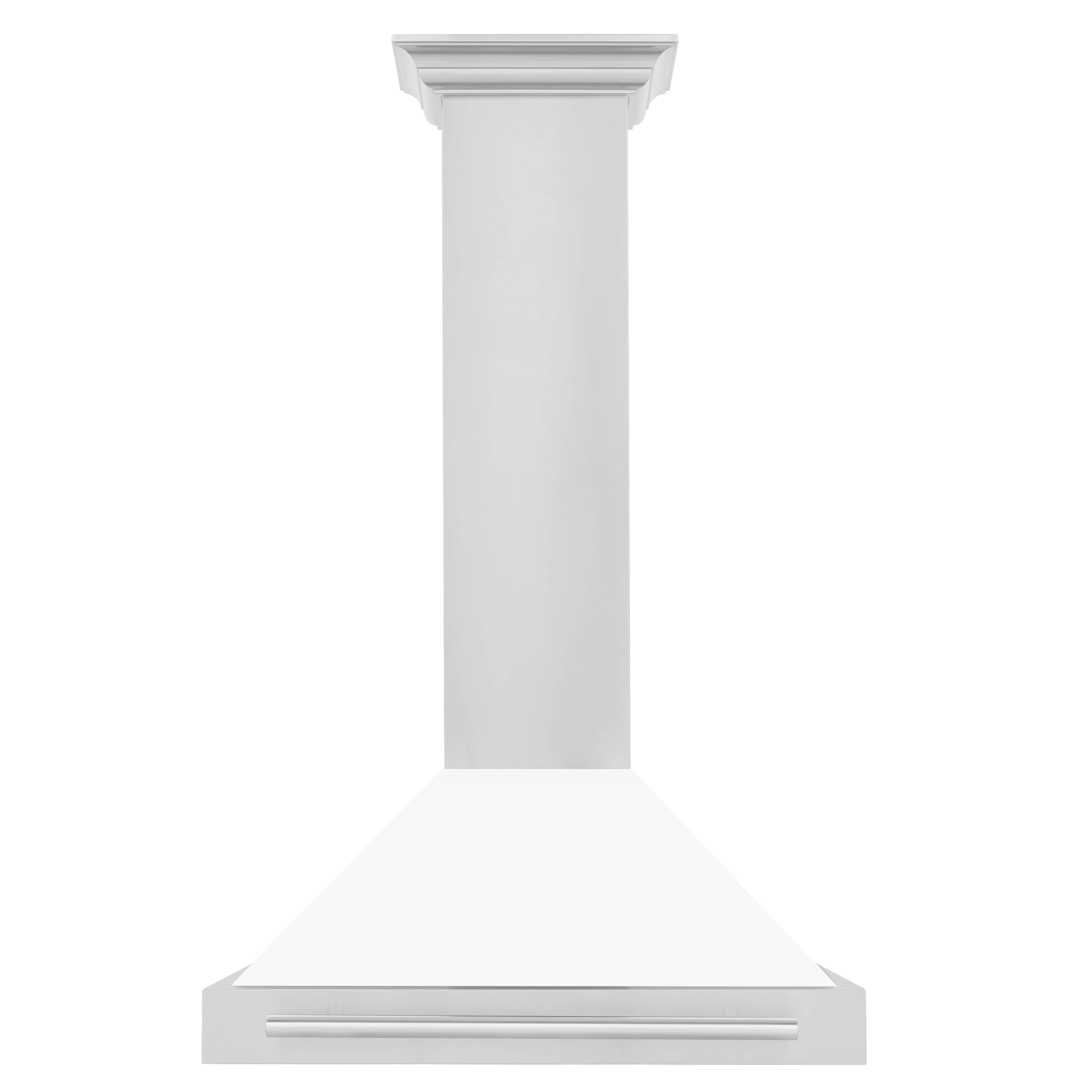 White matte wall chimney range hood with stainless steel vent panel
