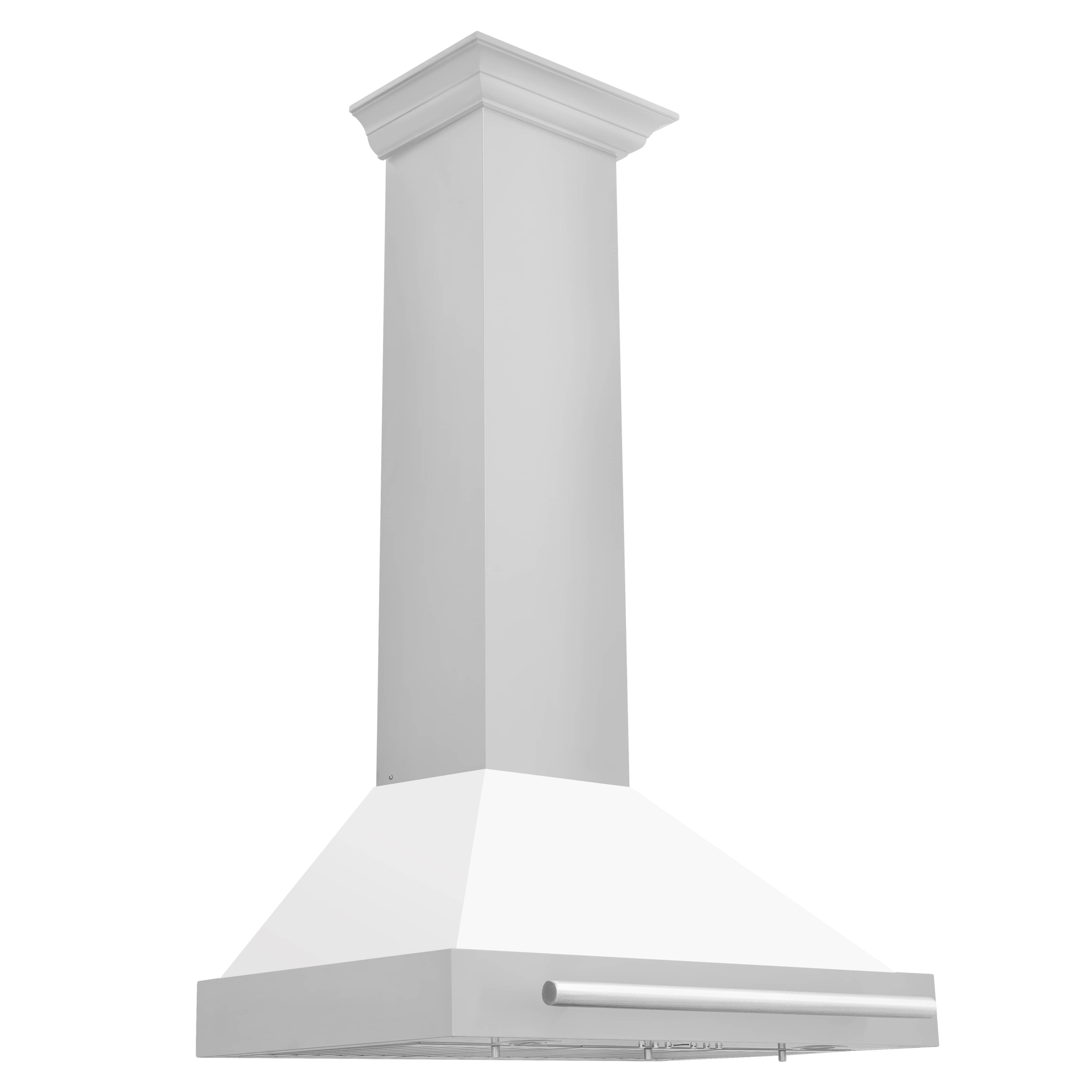 Wall-mounted range hood with white chimney and stainless steel lower vent