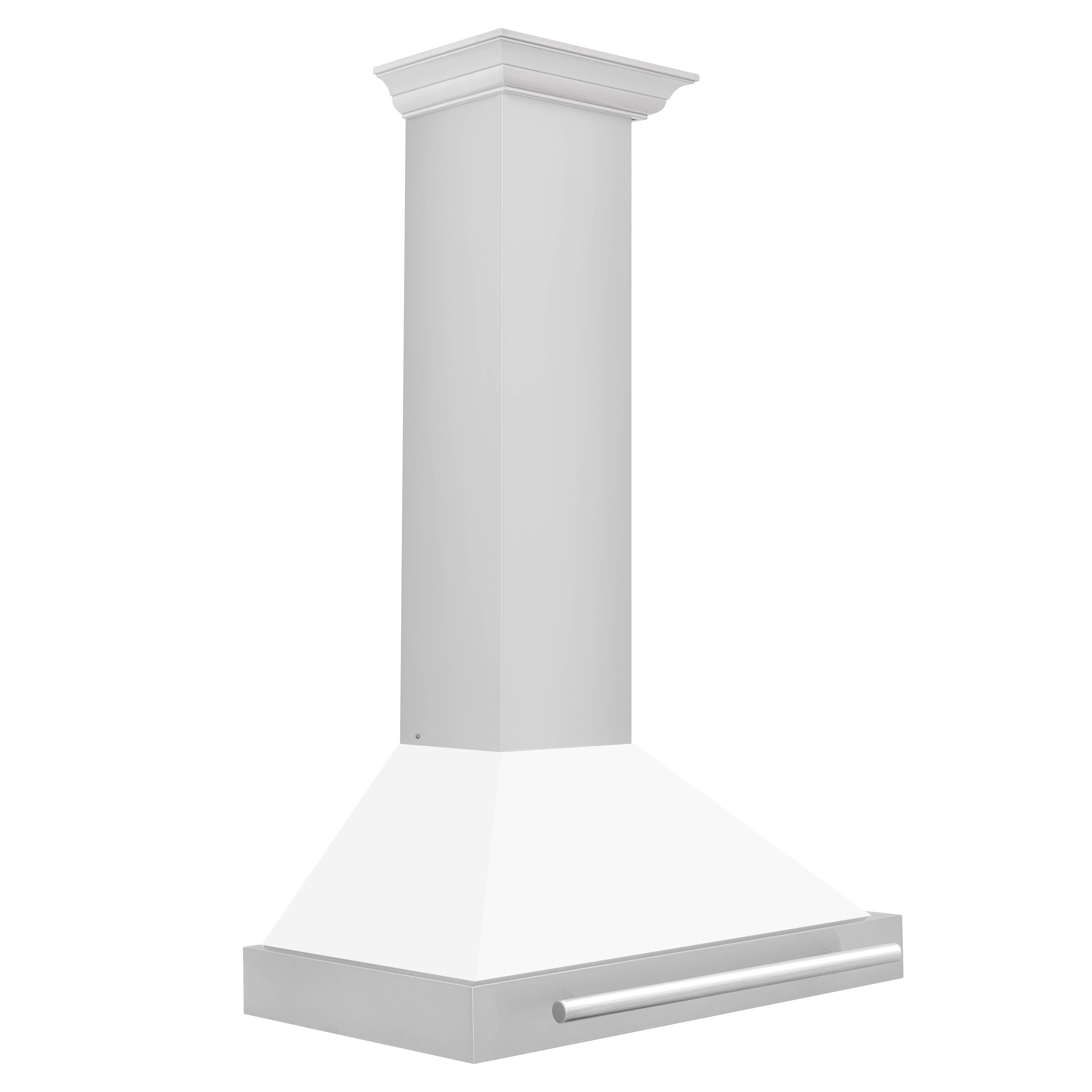 Wall-mounted range hood with white chimney and brushed stainless handle bar