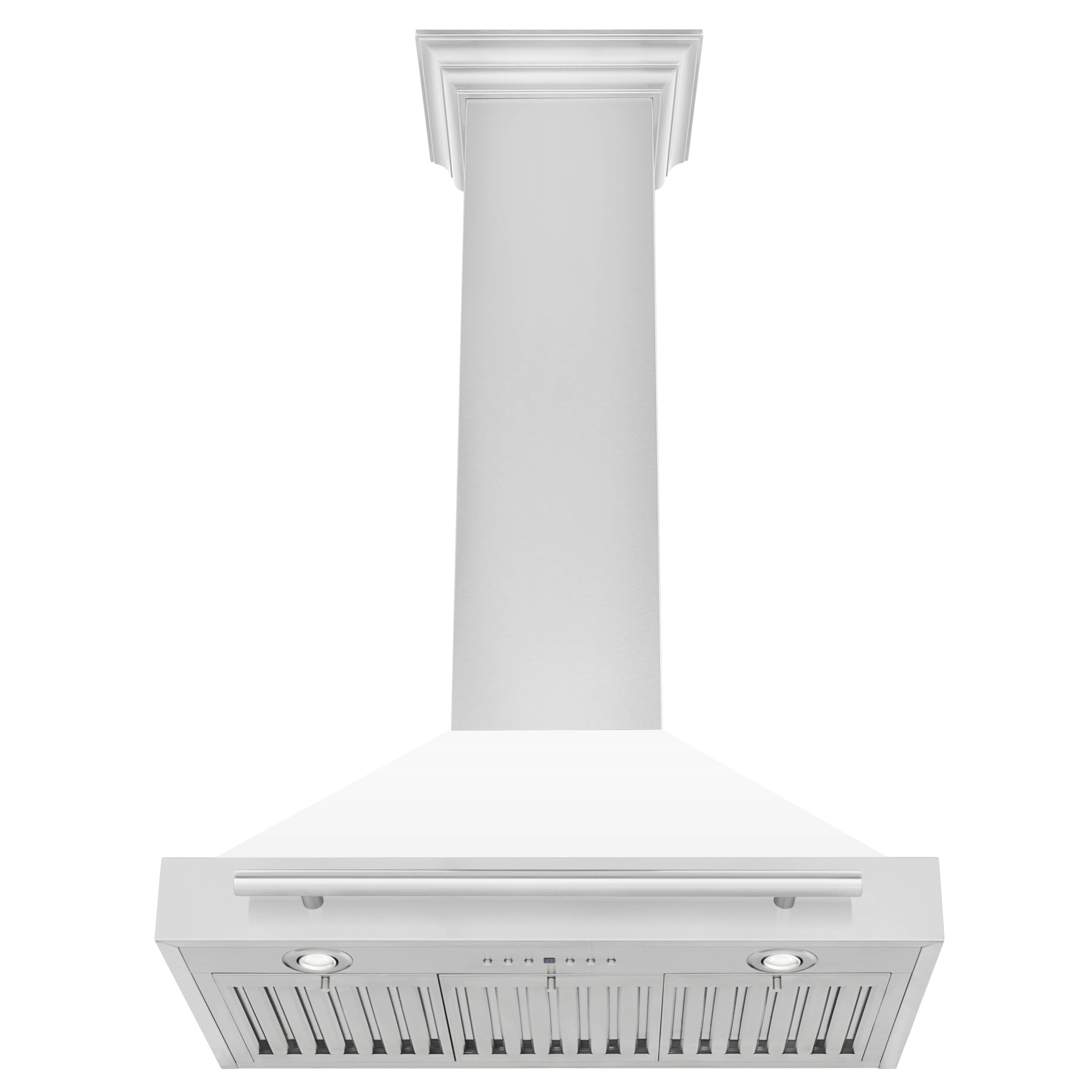 Wall-mounted range hood with white chimney and stainless baffle filter panel