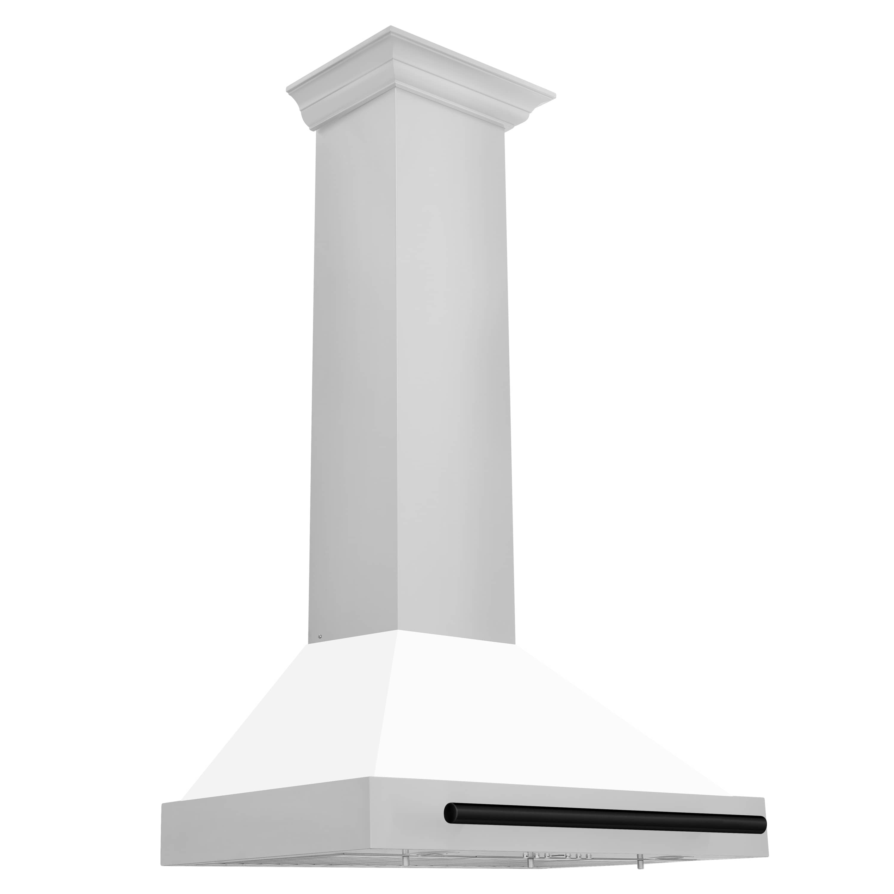 Wall-mounted white matte range hood with matte black vent bar, angled view
