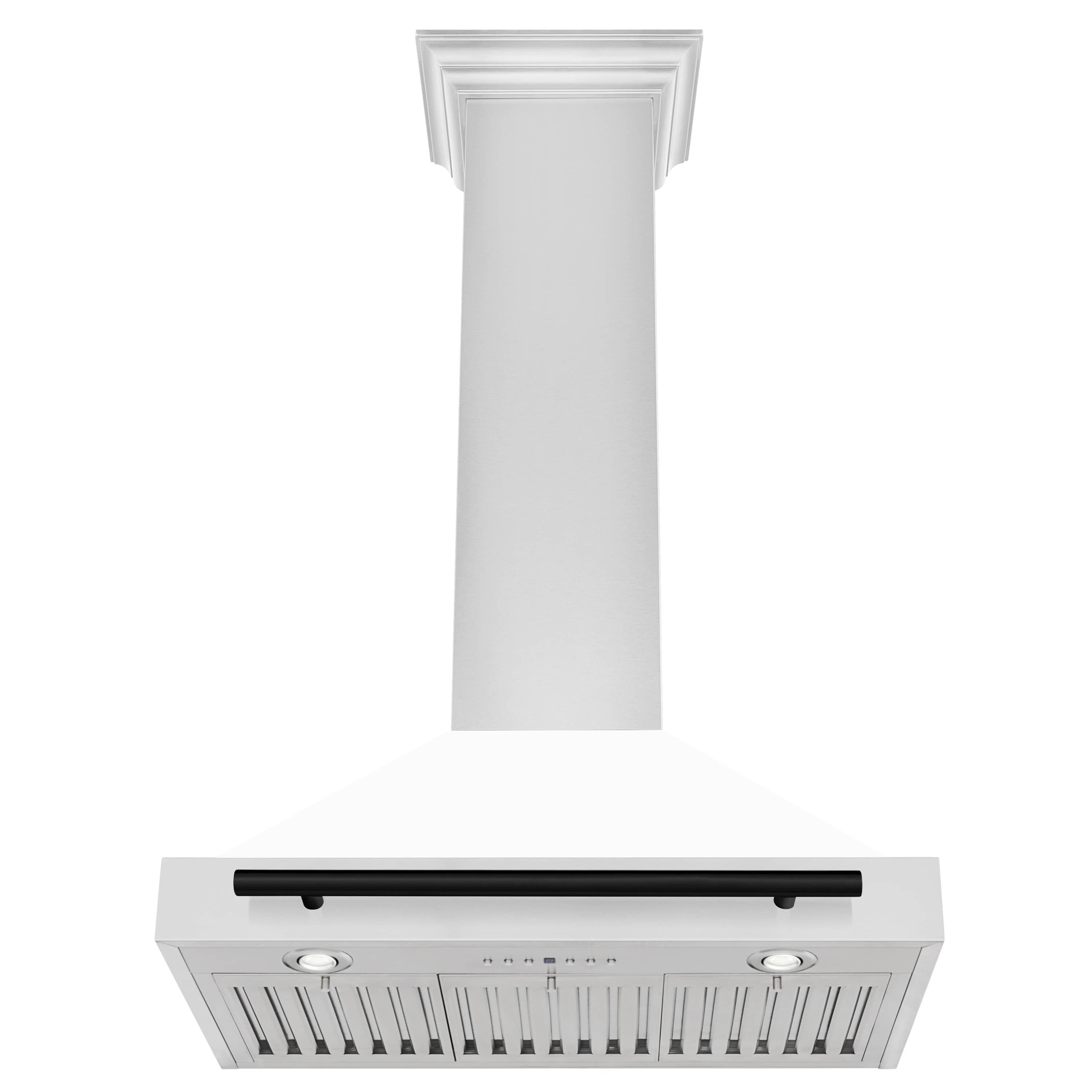 Wall-mounted range hood underside with white filter box and matte black control bar