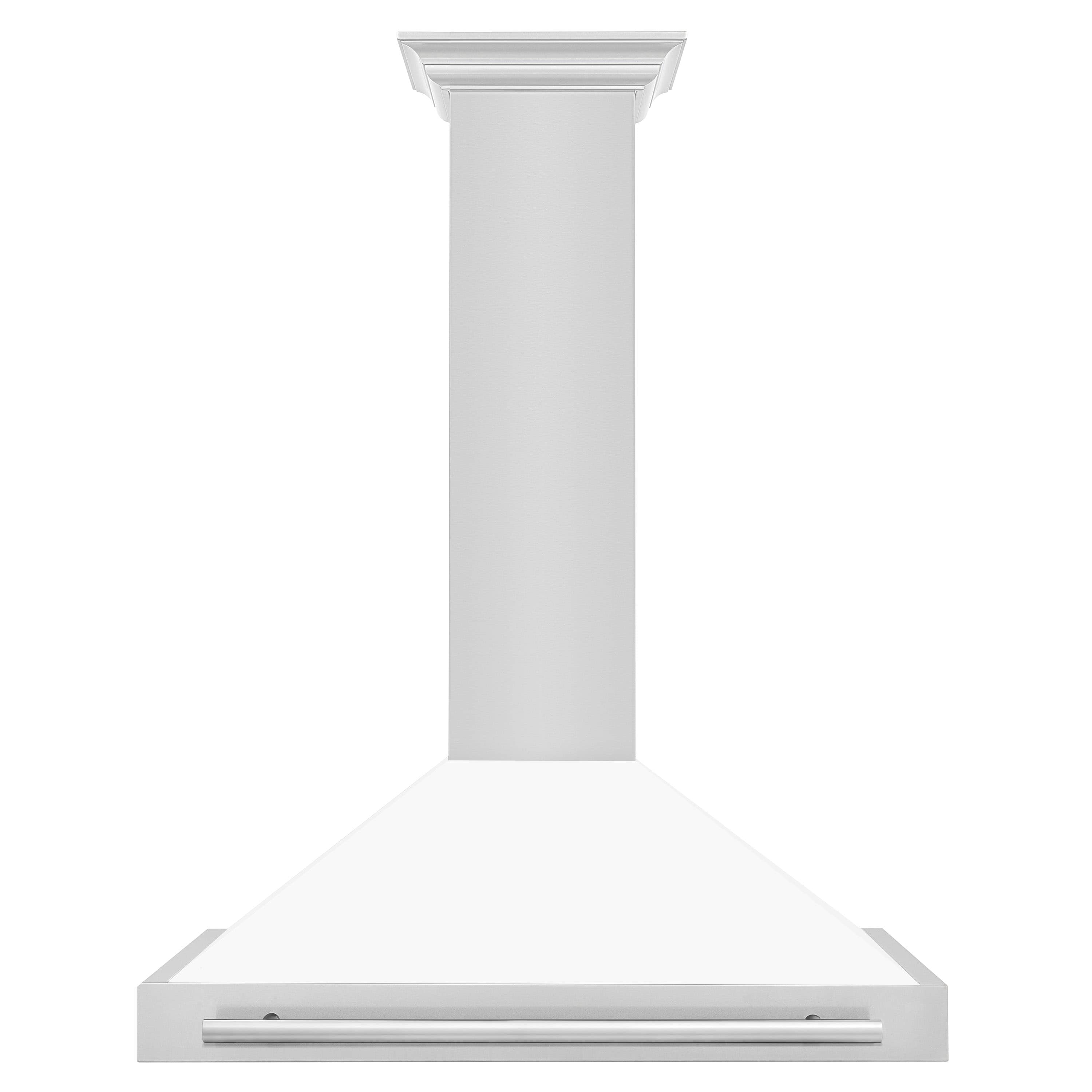 White wall-mounted range hood with stainless steel handle strip