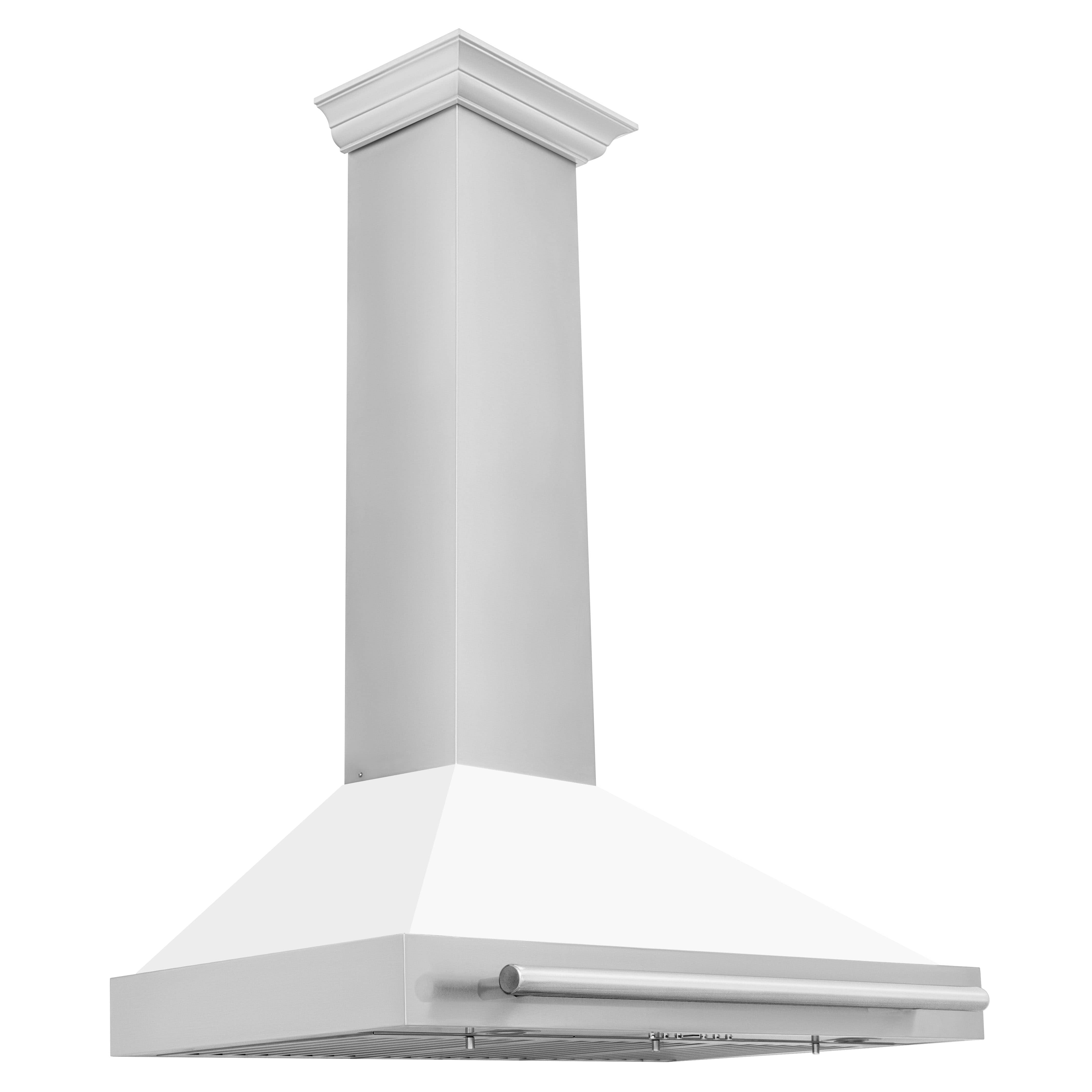 White wall-mounted range hood with stainless steel horizontal handle bar