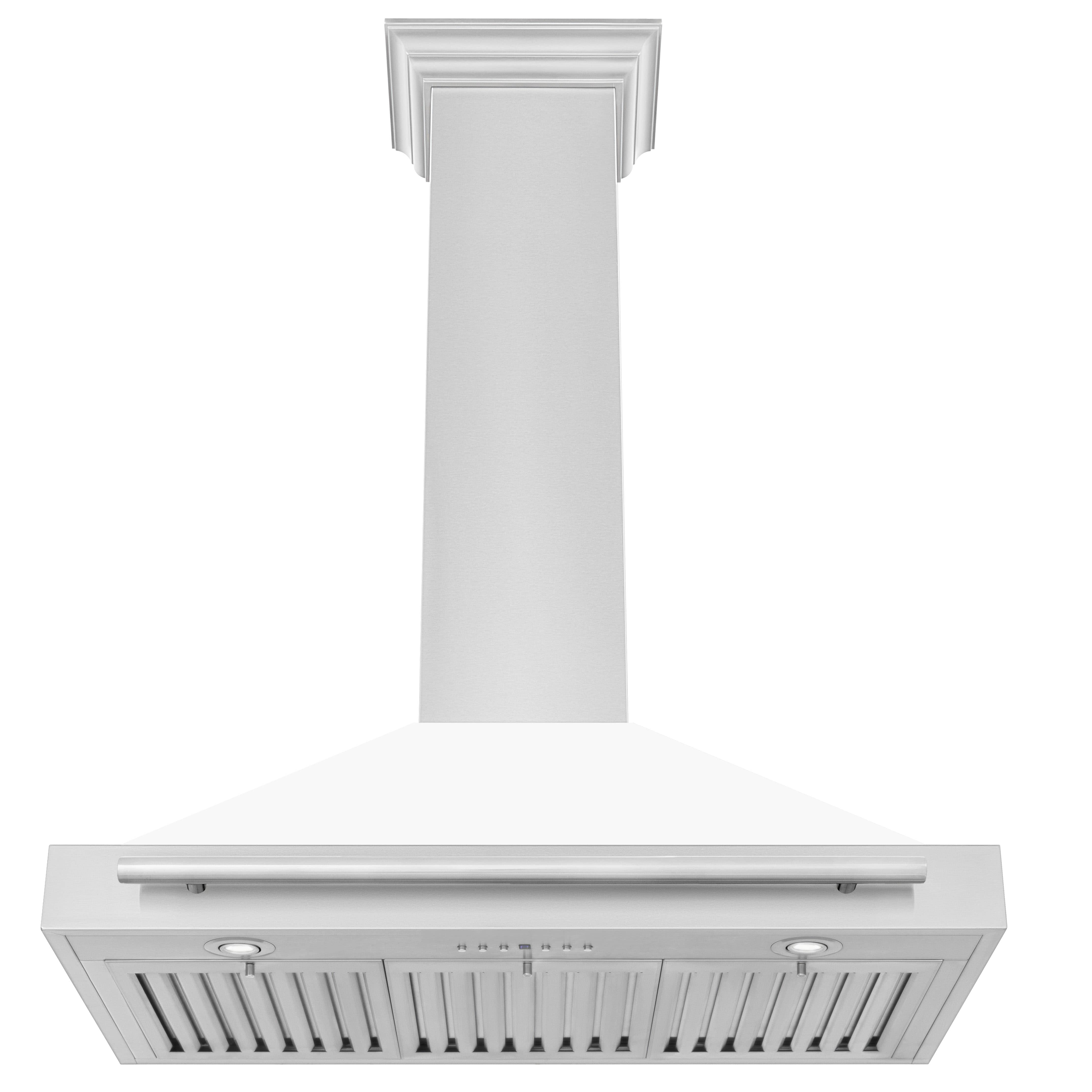 White wall-mounted range hood with vented stainless steel grille and handle