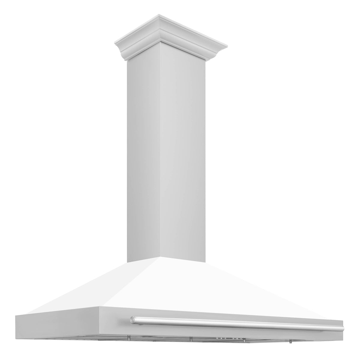 White matte chimney and stainless steel canopy wall range hood