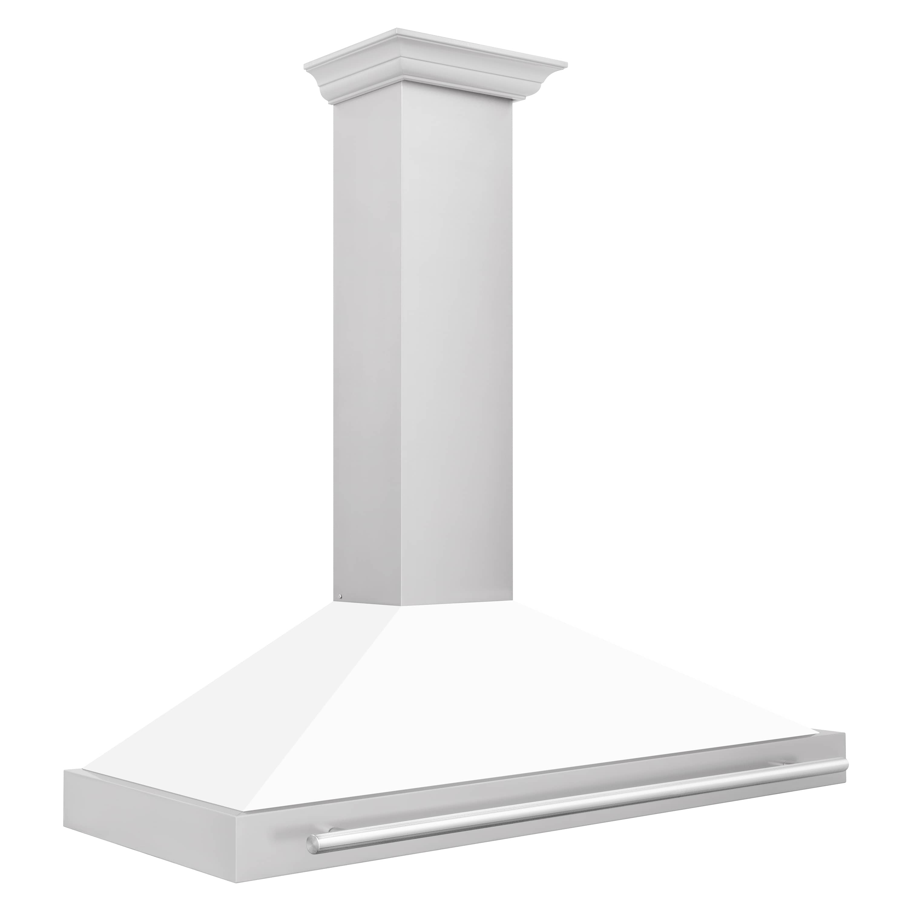White wall-mounted chimney range hood with stainless steel handle bar