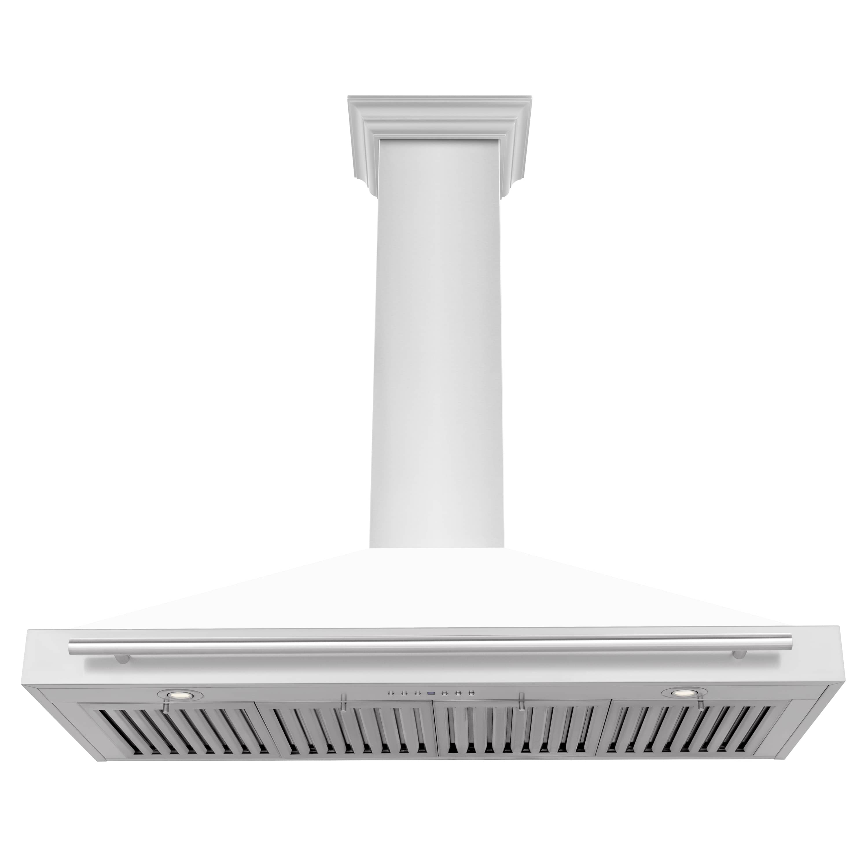 Under view of wall-mounted range hood canopy with stainless steel baffle vents