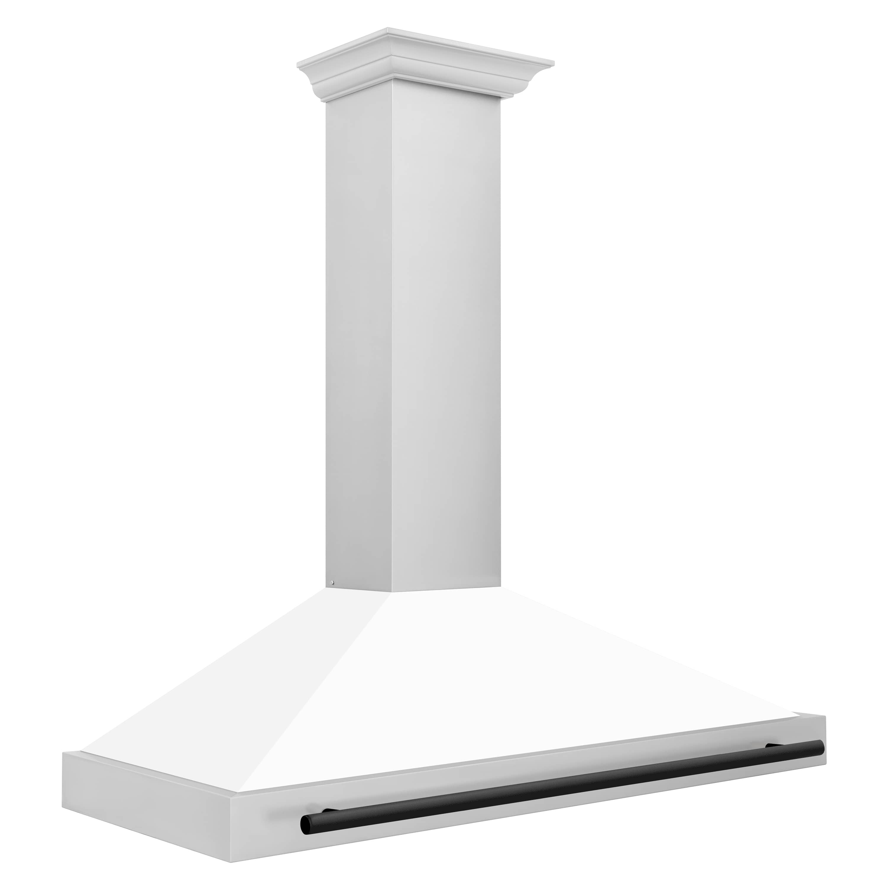 White matte range hood with black front vent bar; low-profile canopy and chimney