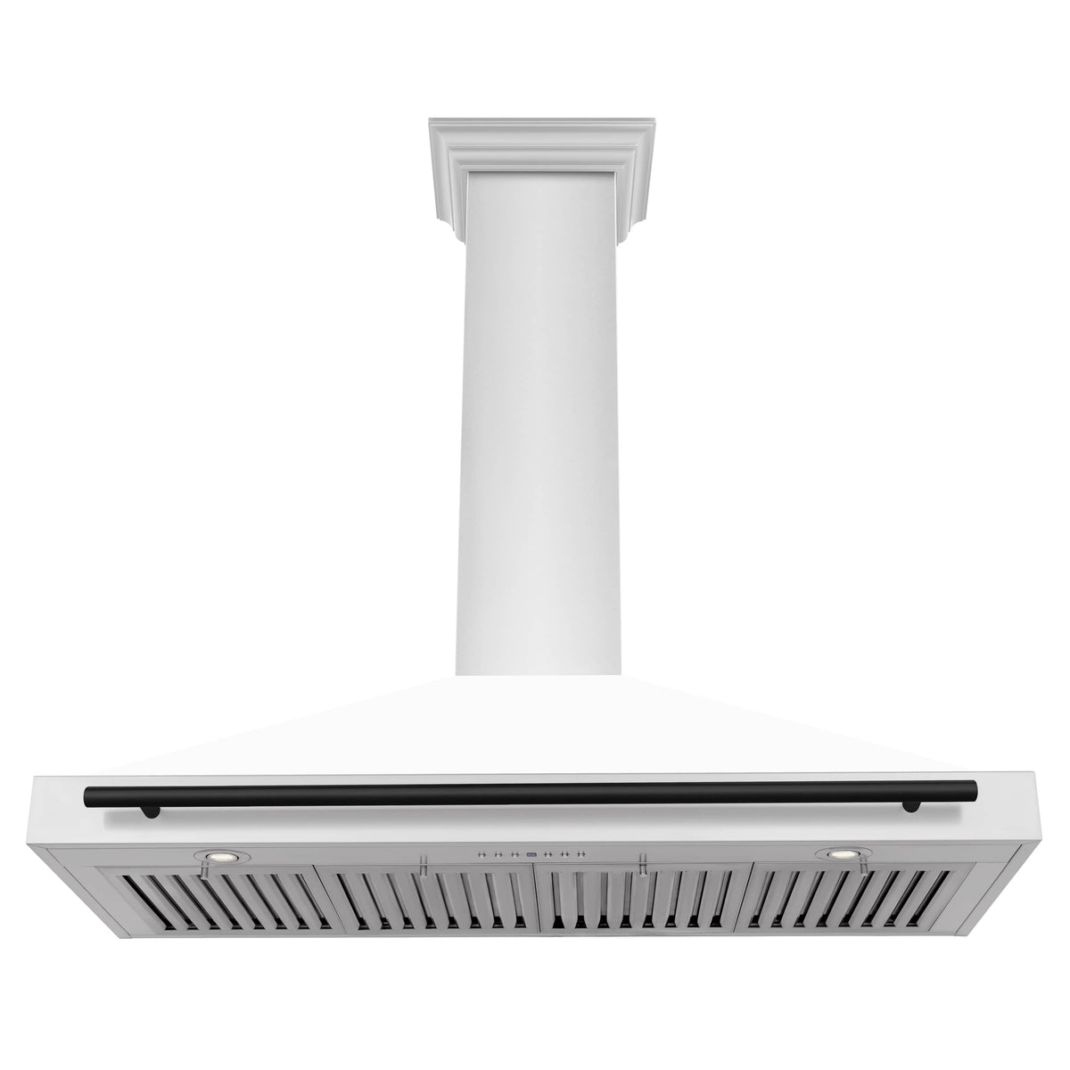 White chimney range hood with black front strip and exposed baffle ventilation grate