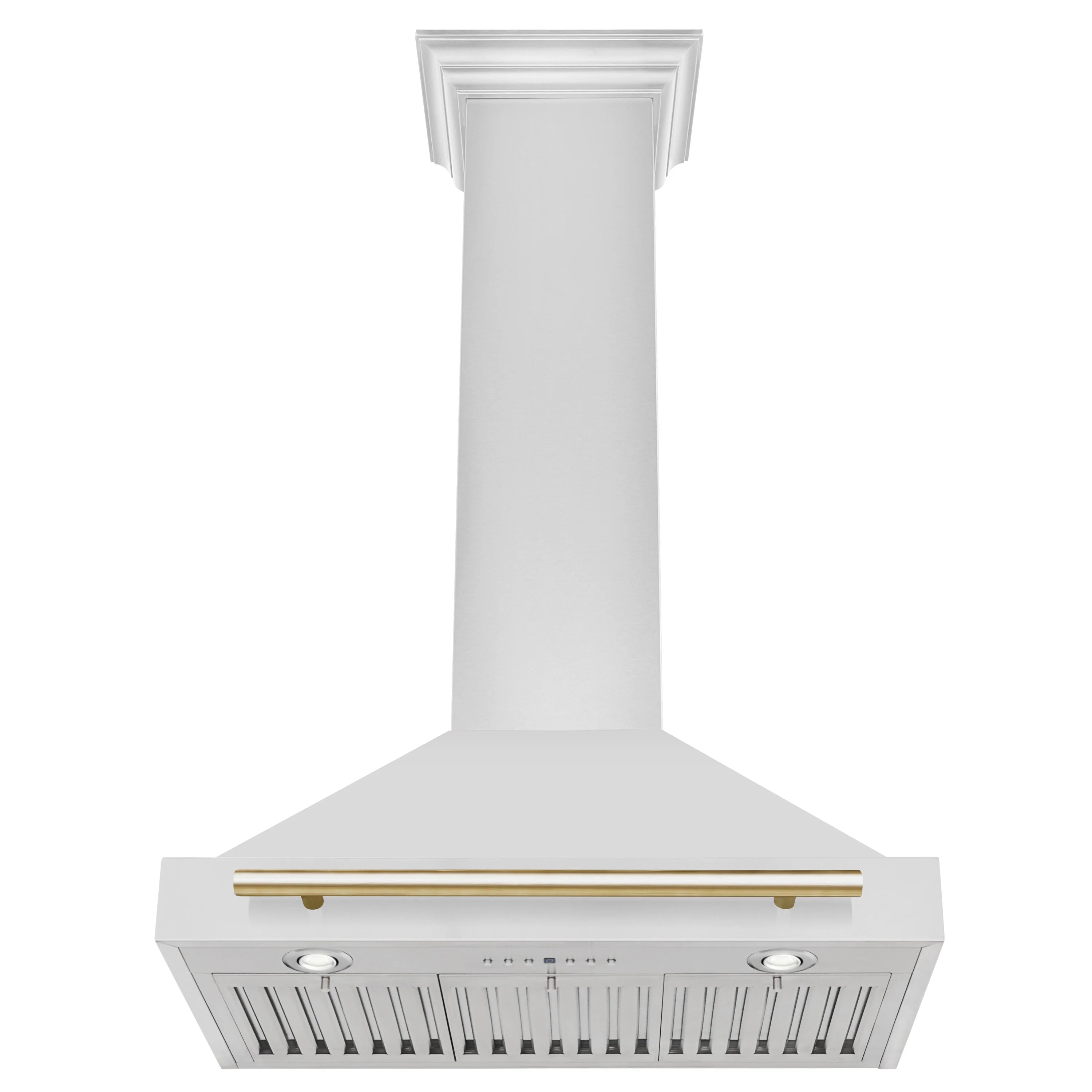 White wall range hood with champagne bronze trim and vent grille