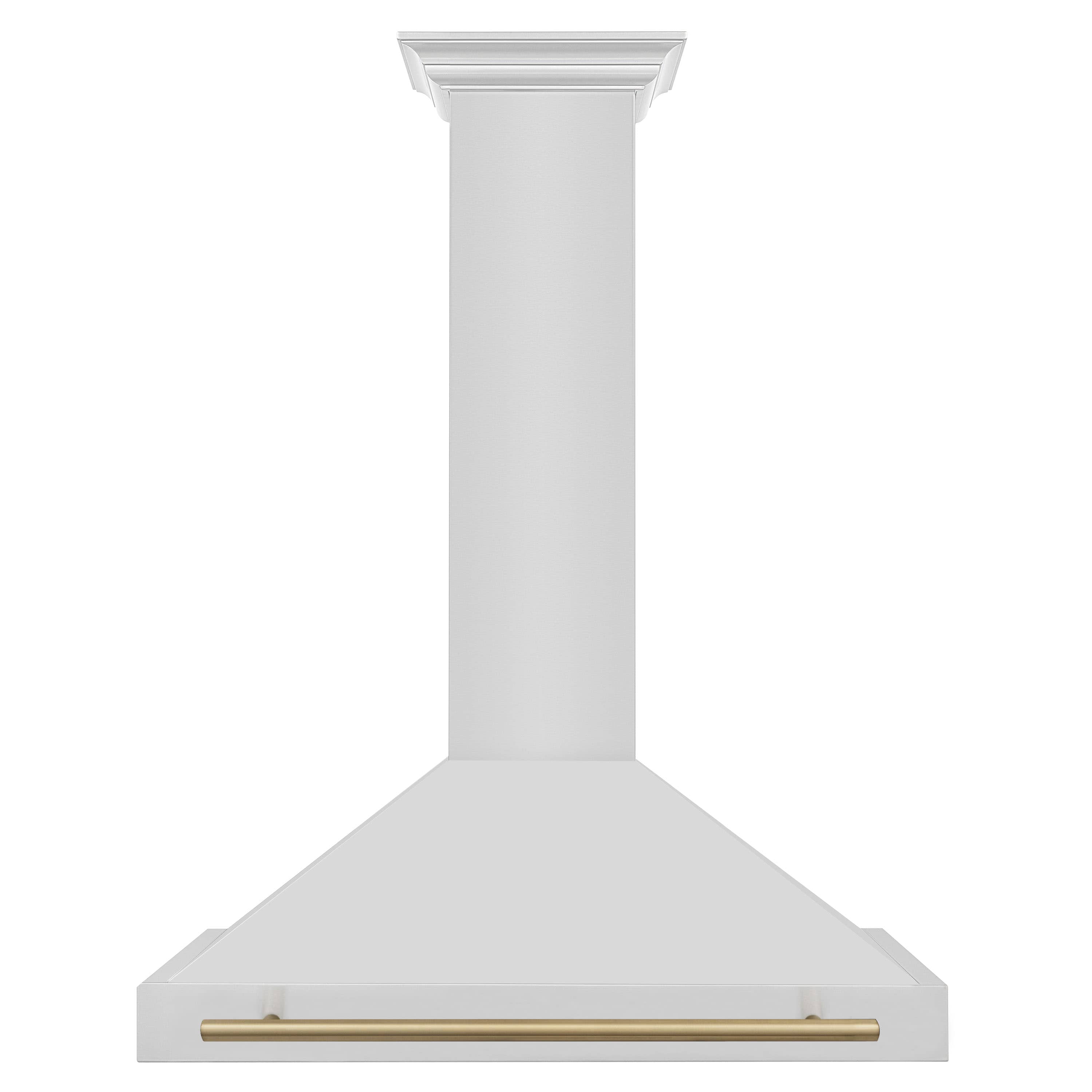 Stainless steel wall mounted range hood with champagne bronze front edge bar