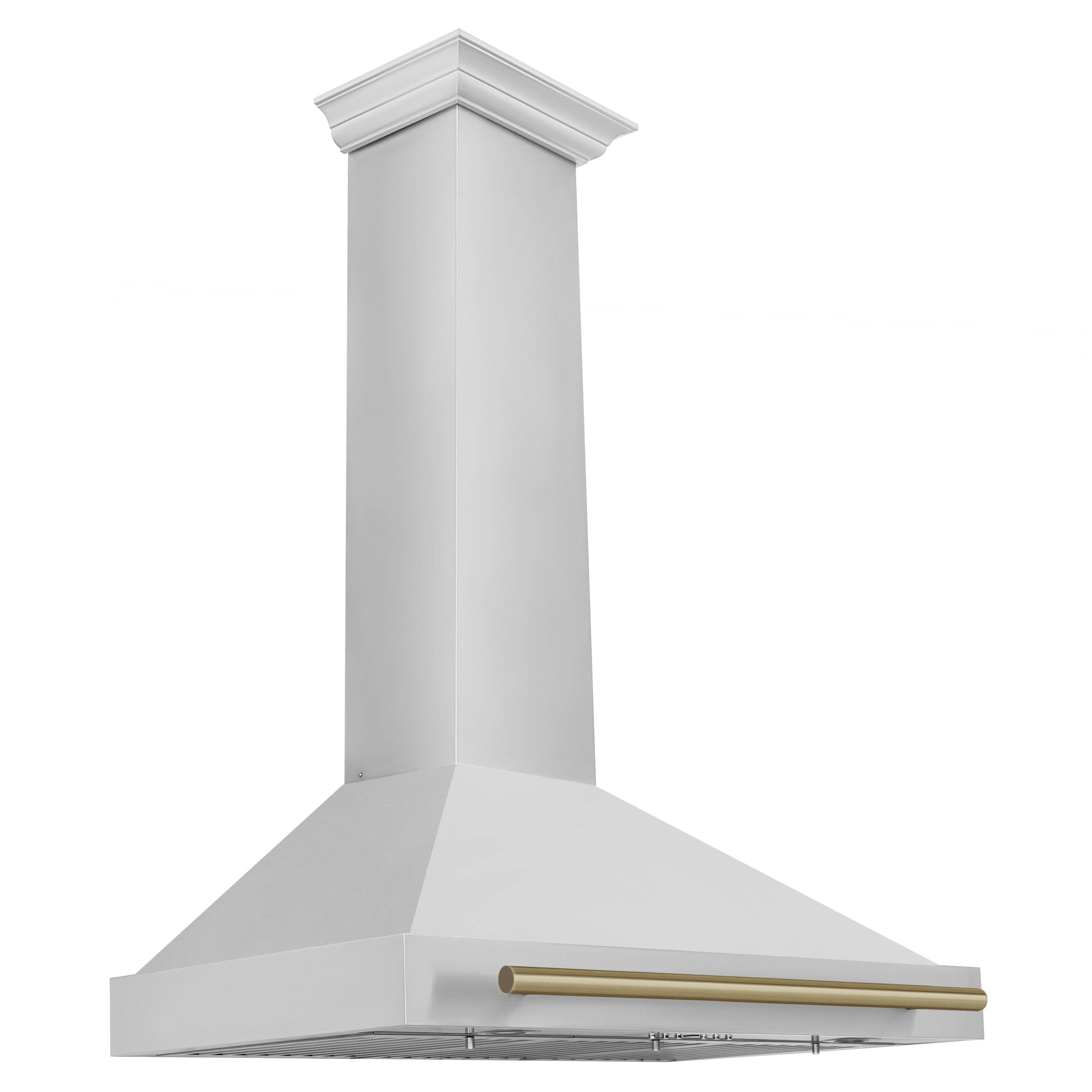 Stainless steel canopy range hood featuring champagne bronze trim along the front