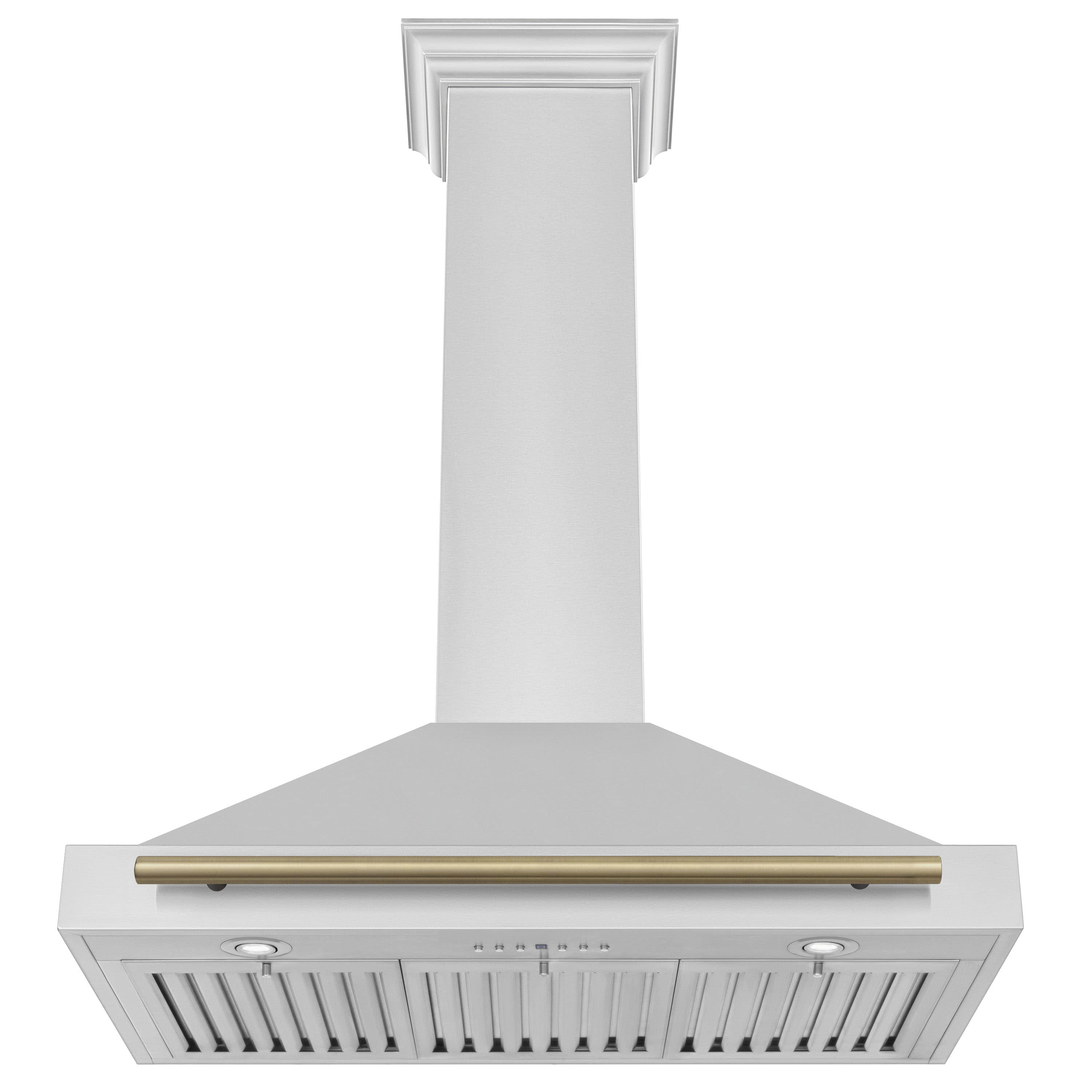 Stainless steel vented range hood with champagne bronze trim bar and front grille