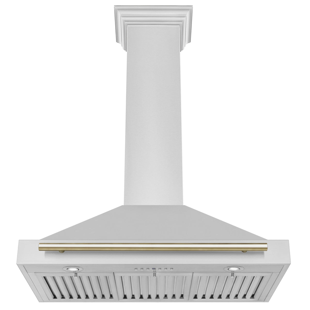 Wall-mounted range hood underside with baffle filters, white stainless and gold trim