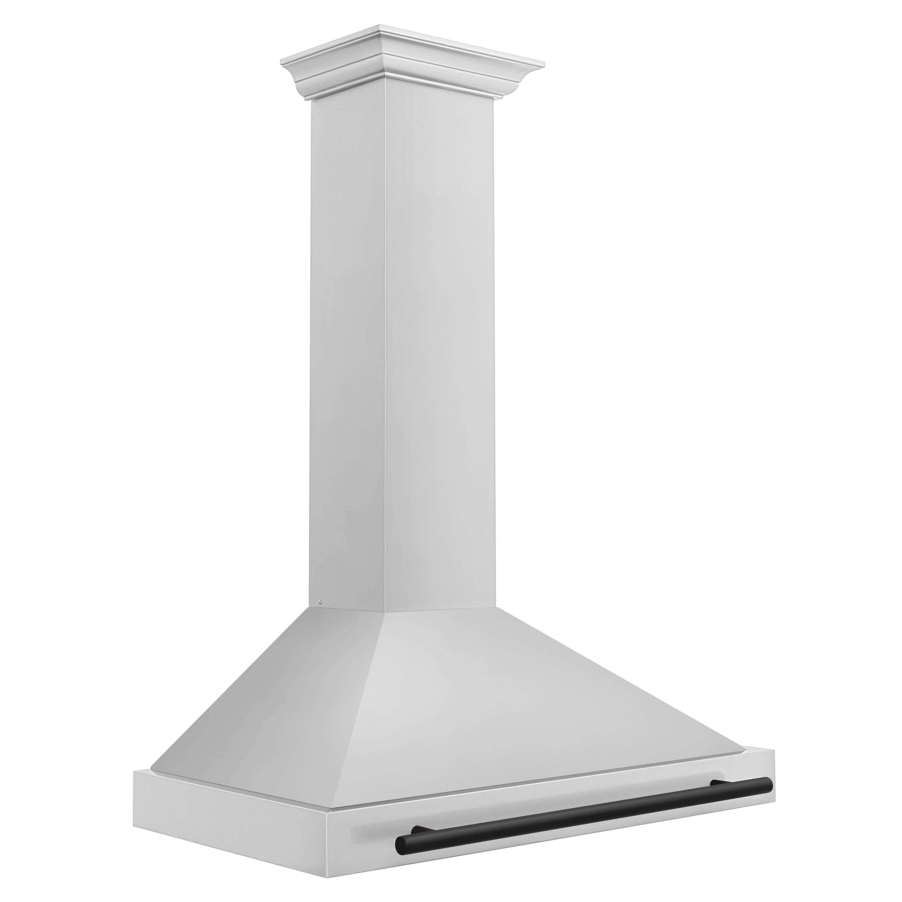 Stainless chimney range hood with matte black control bar, wall-mounted