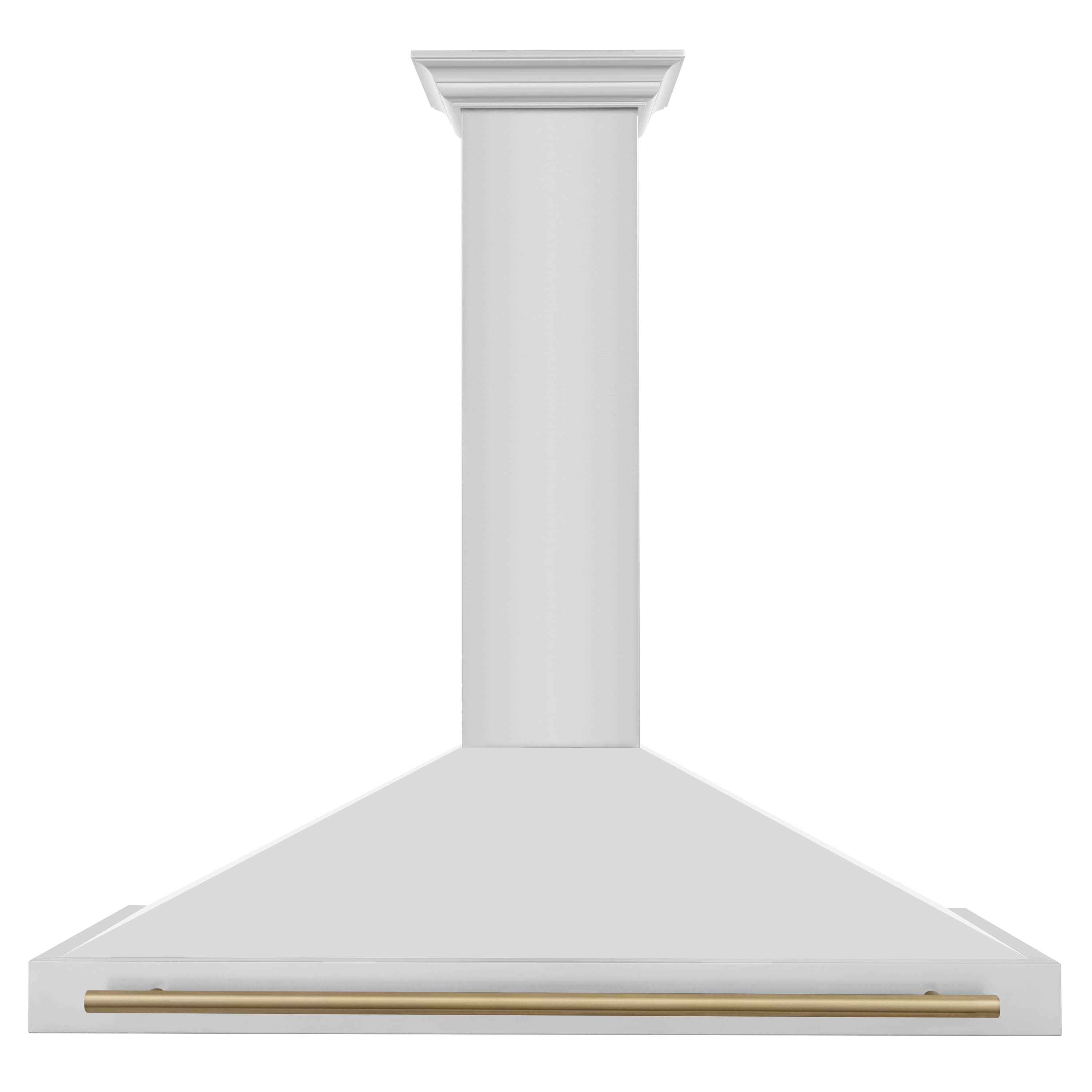 Wall-mounted range hood canopy with gold accent bar and white chimney