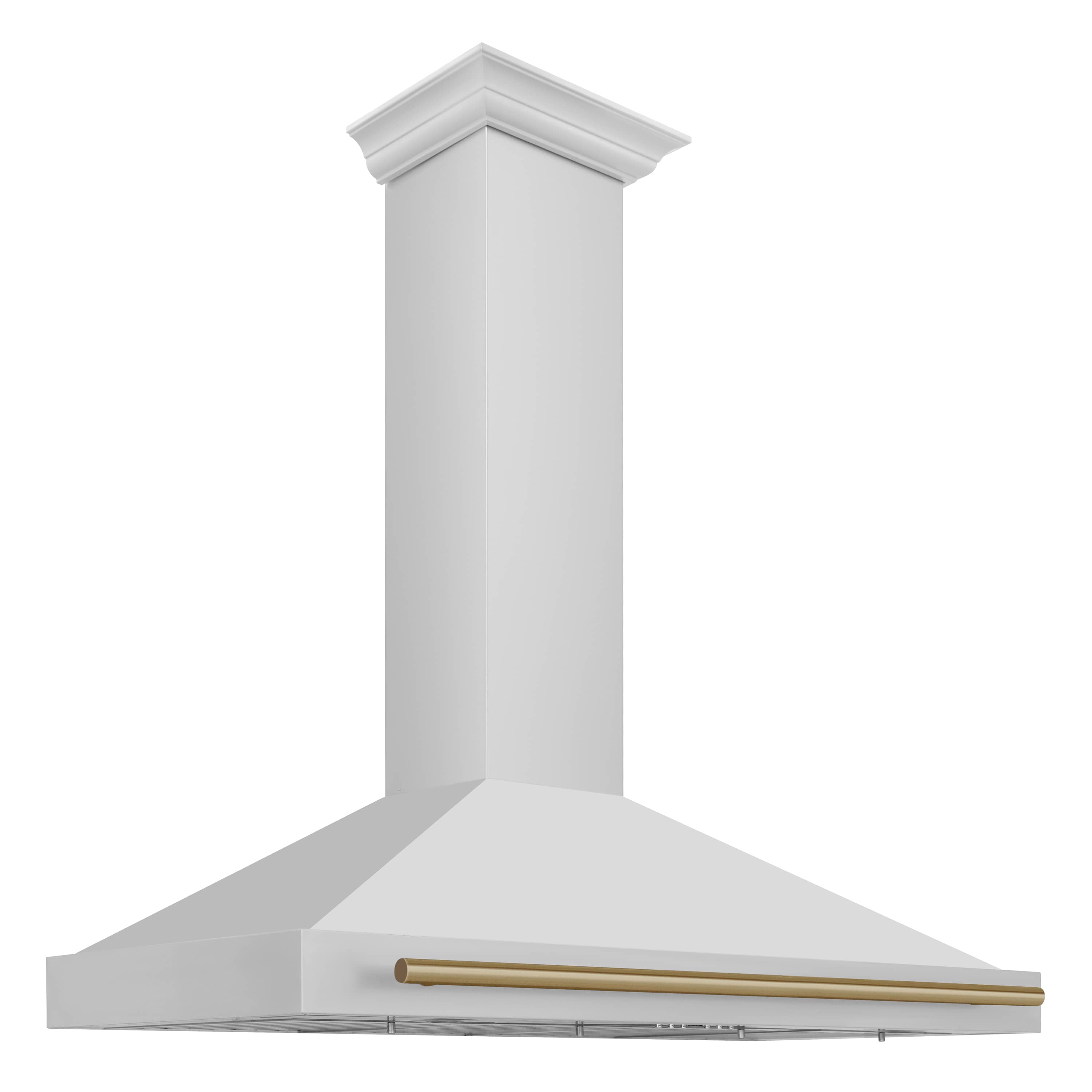 Wall-mounted range hood with white chimney and gold-accented vent cover