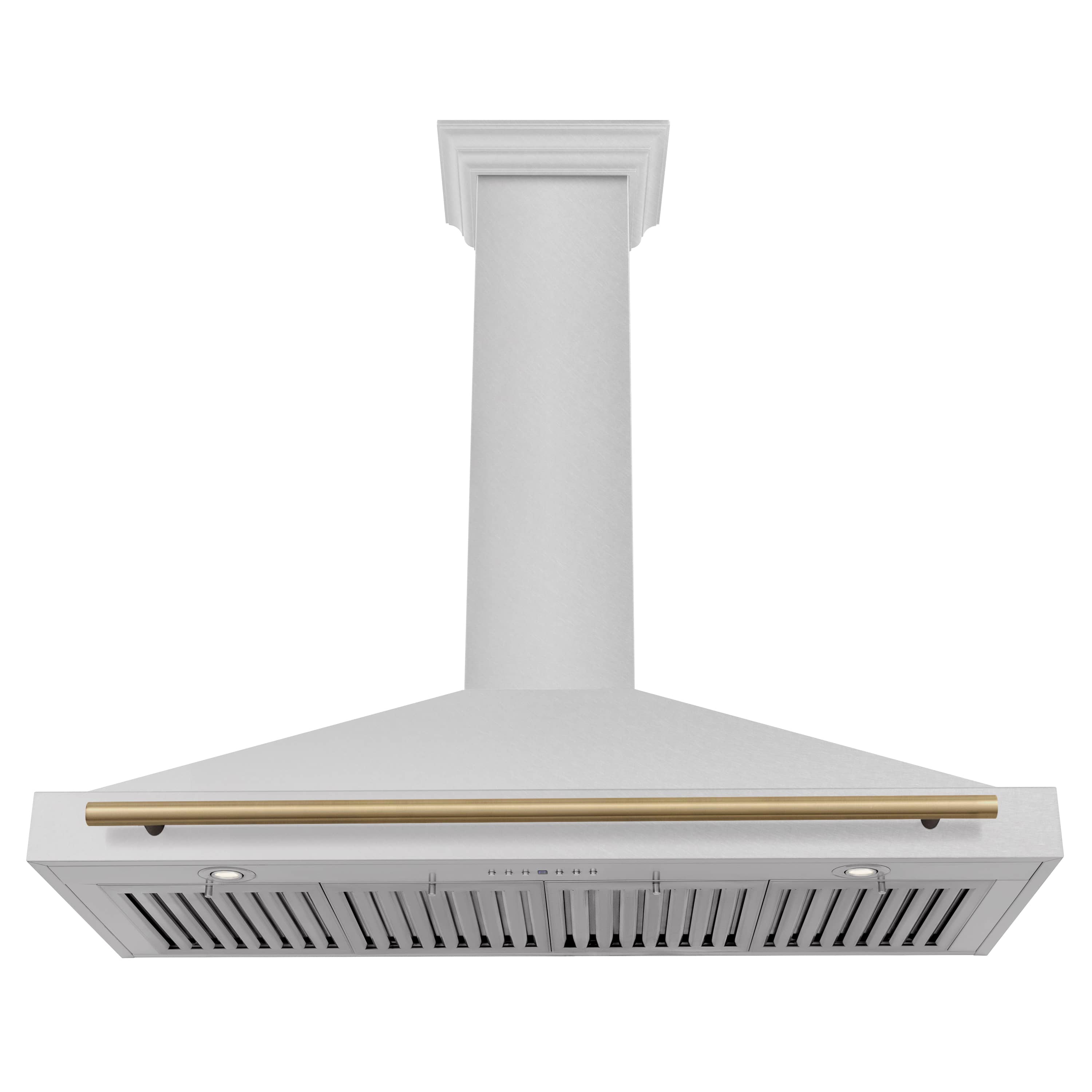 Wall-mounted range hood canopy with satin stainless vent grille and champagne bronze bar