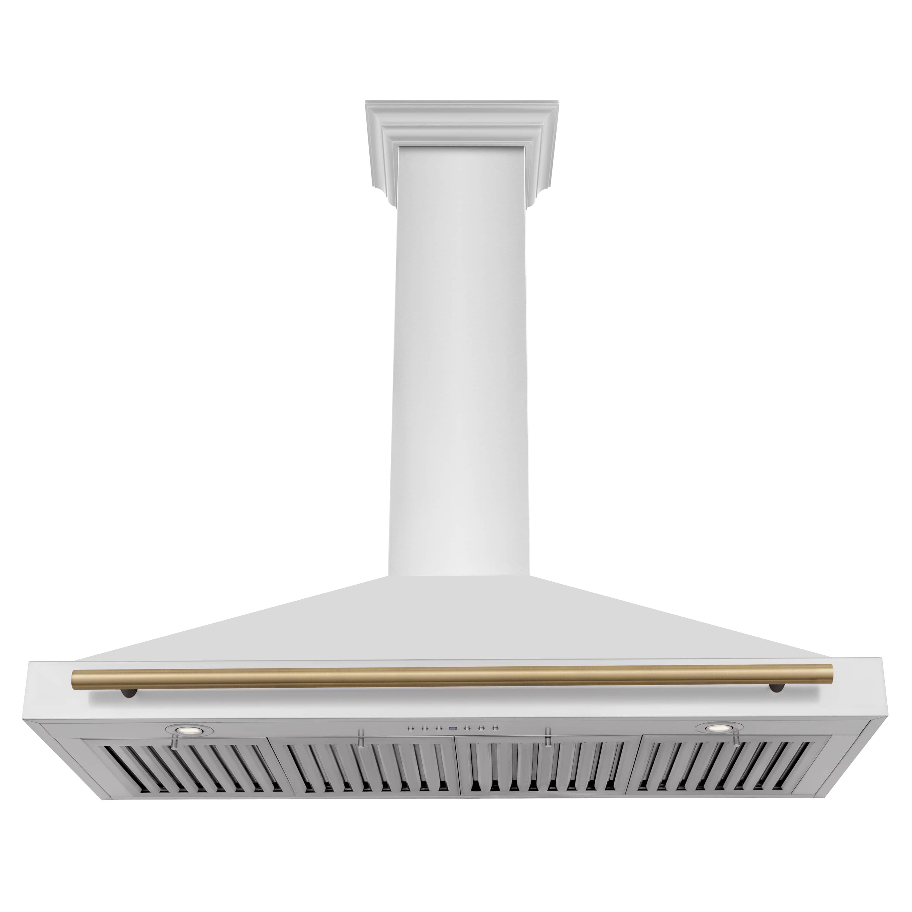 Wall-mounted range hood front view with gold accent bar and vent grille
