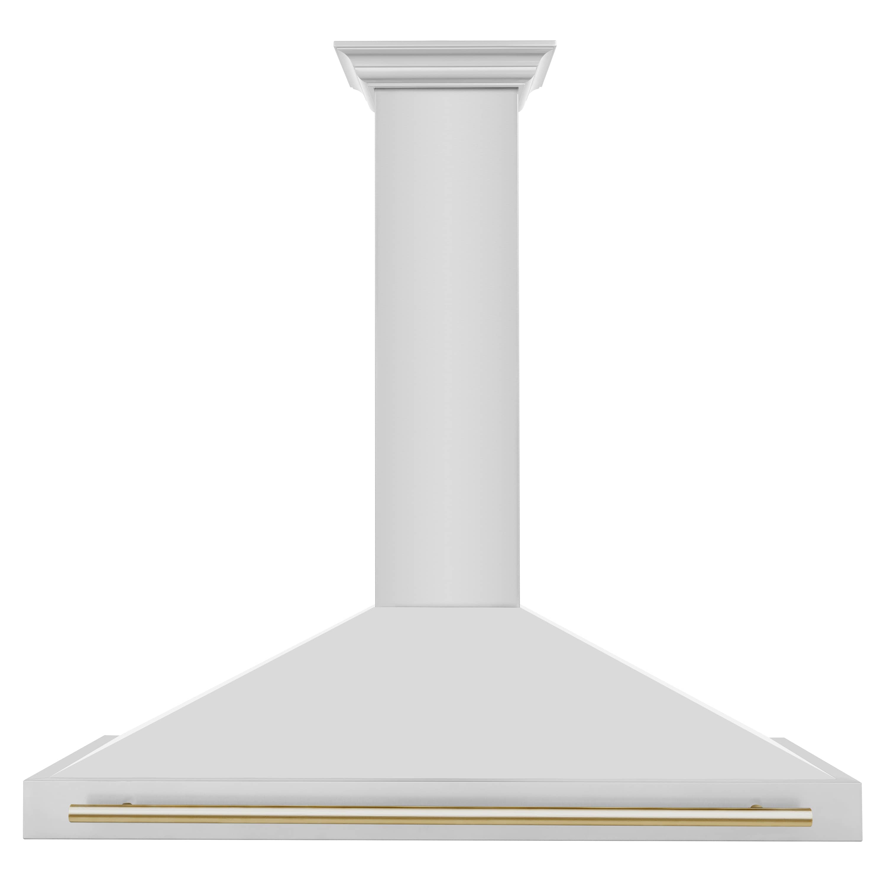 White wall-mounted range hood canopy with thin gold accent bar along the front