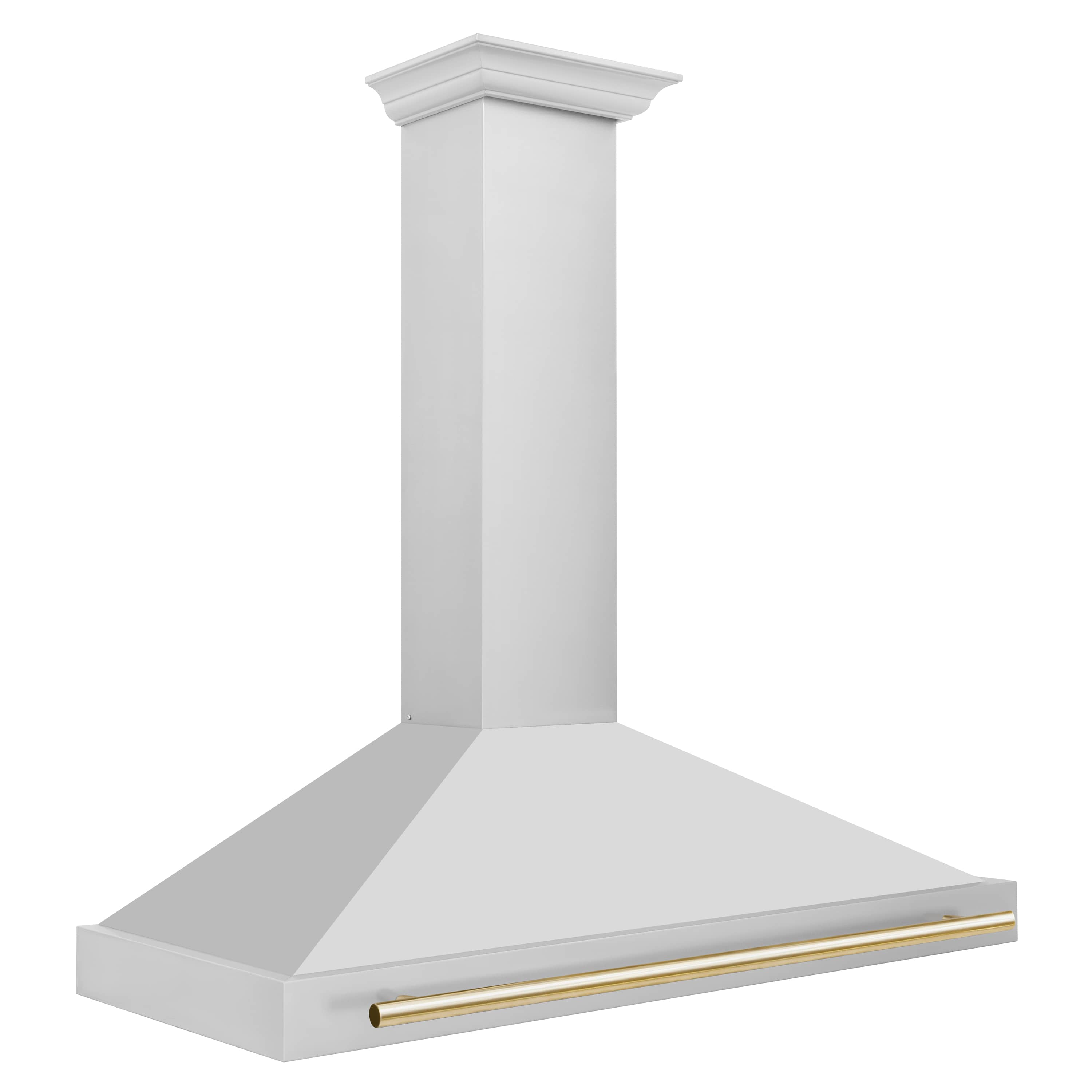 White wall-mounted range hood with gold bar trim on the front edge