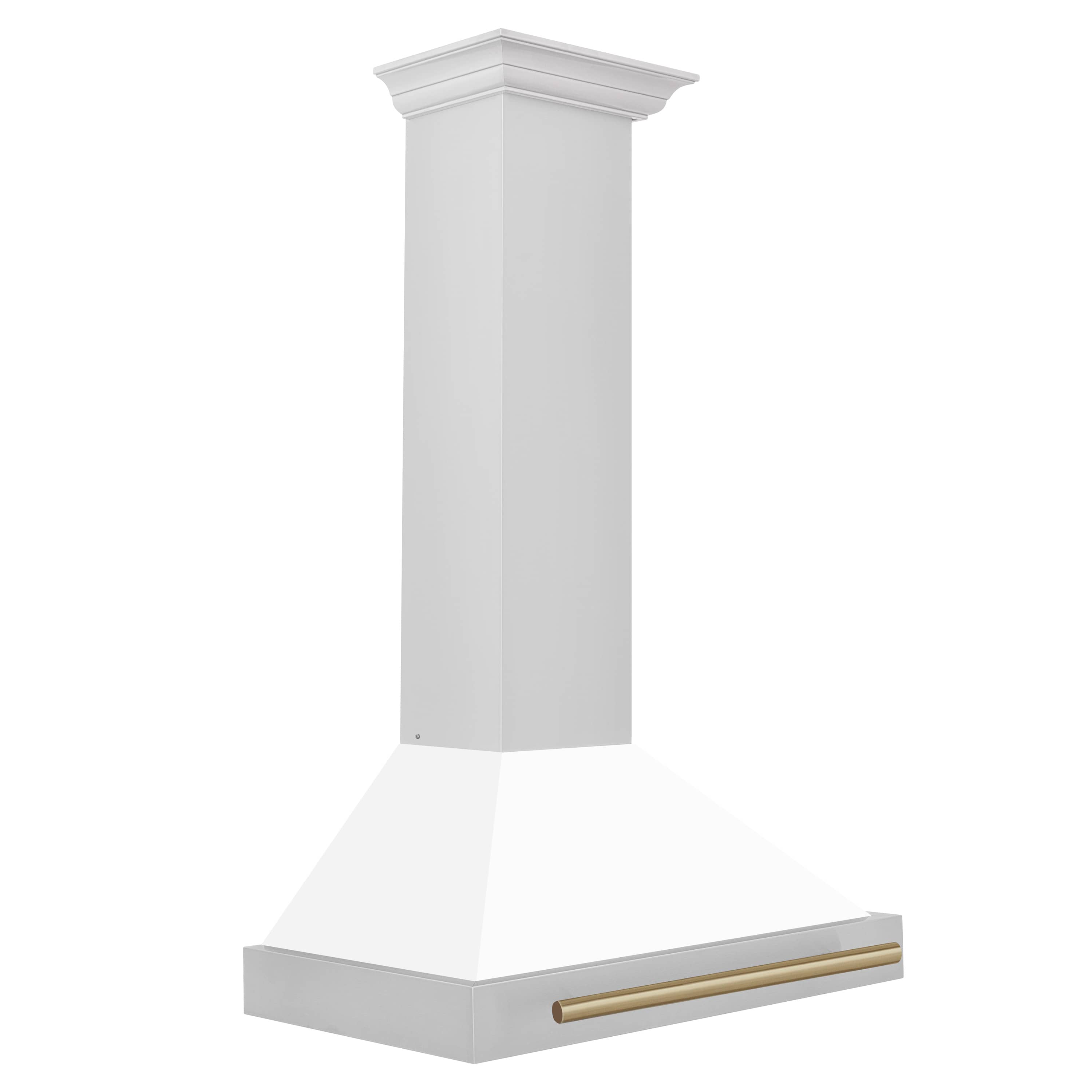 White chimney-style wall-mounted range hood with champagne bronze underlight bar