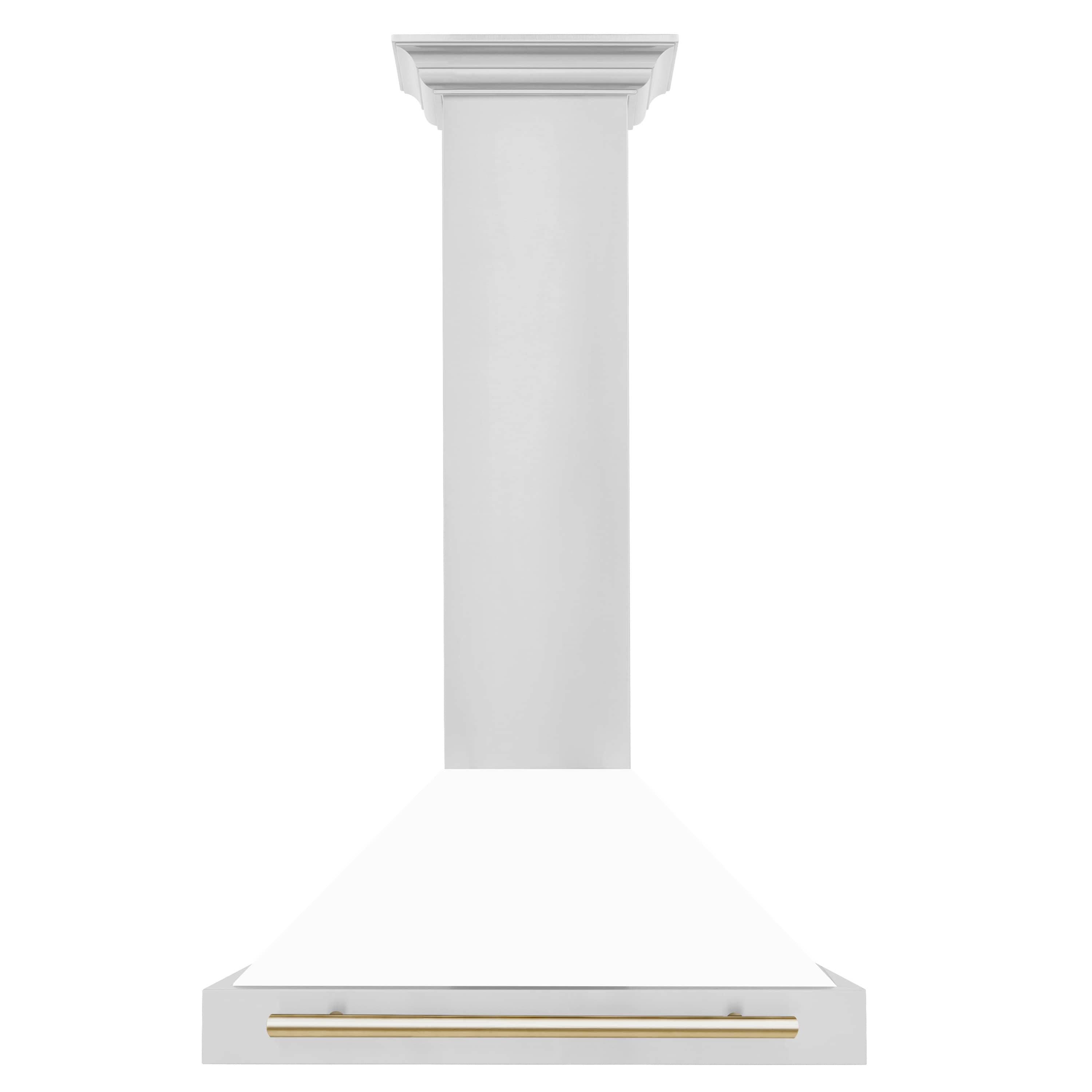 Wall-mounted range hood chimney with white matte finish and gold-accented vent bar