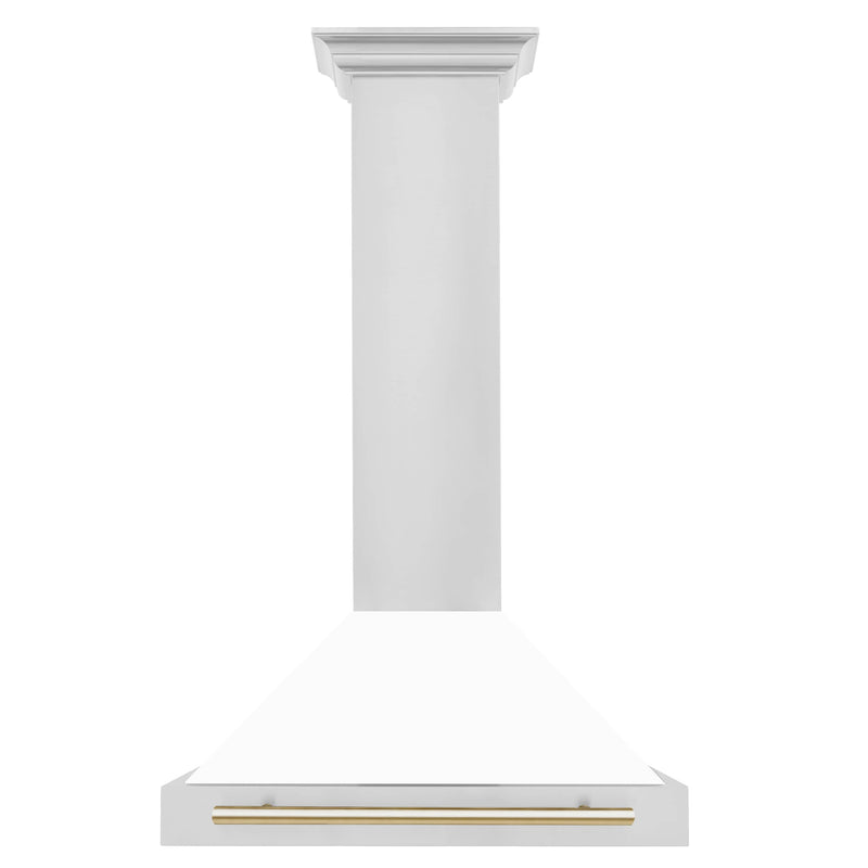 ZLINE 30-Inch Autograph Edition Wall Mounted Range Hood in Stainless Steel with White Matte Shell and Gold Accents (KB4STZ-WM30-G)