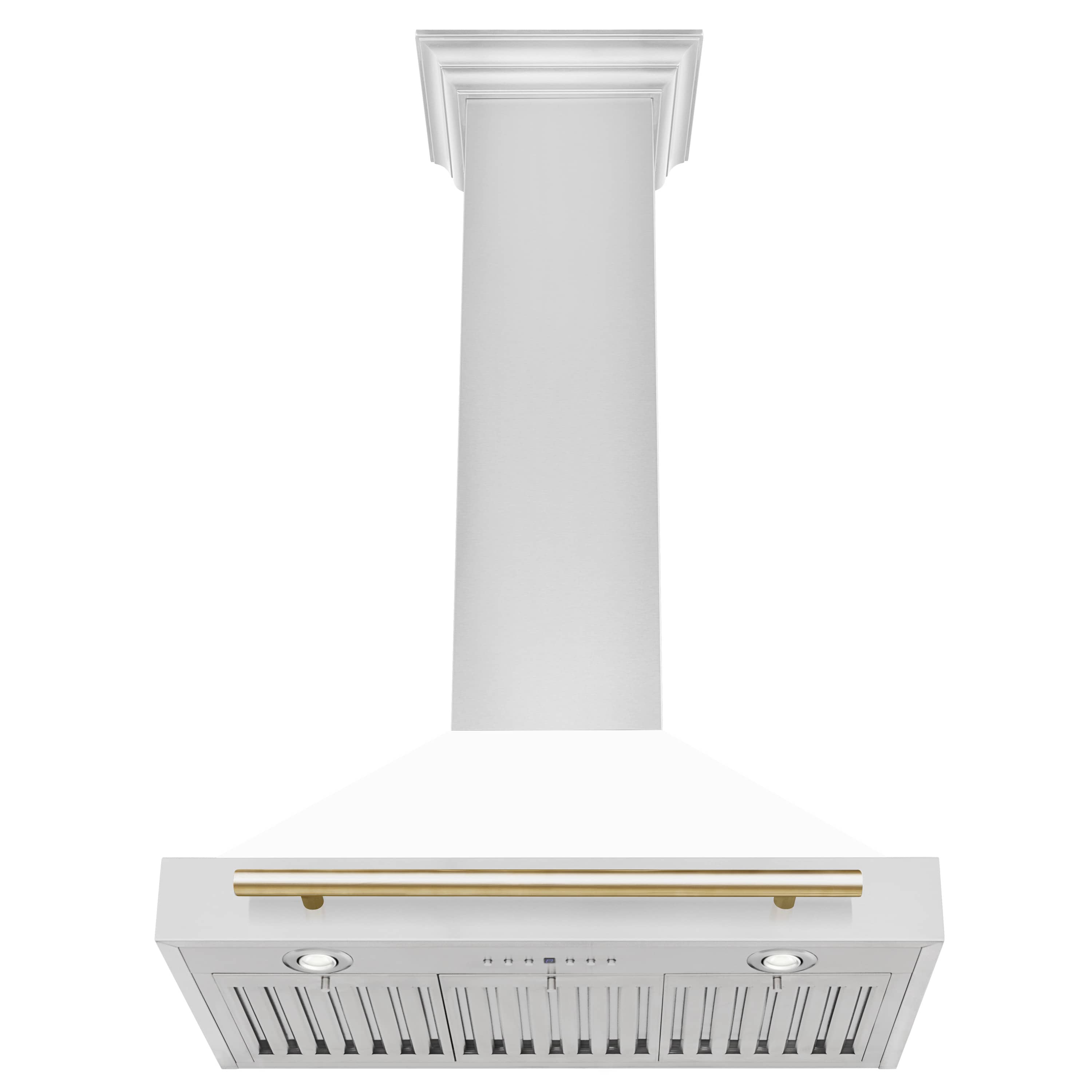 Wall-mounted range hood with white matte canopy, gold vent bar, and control knobs